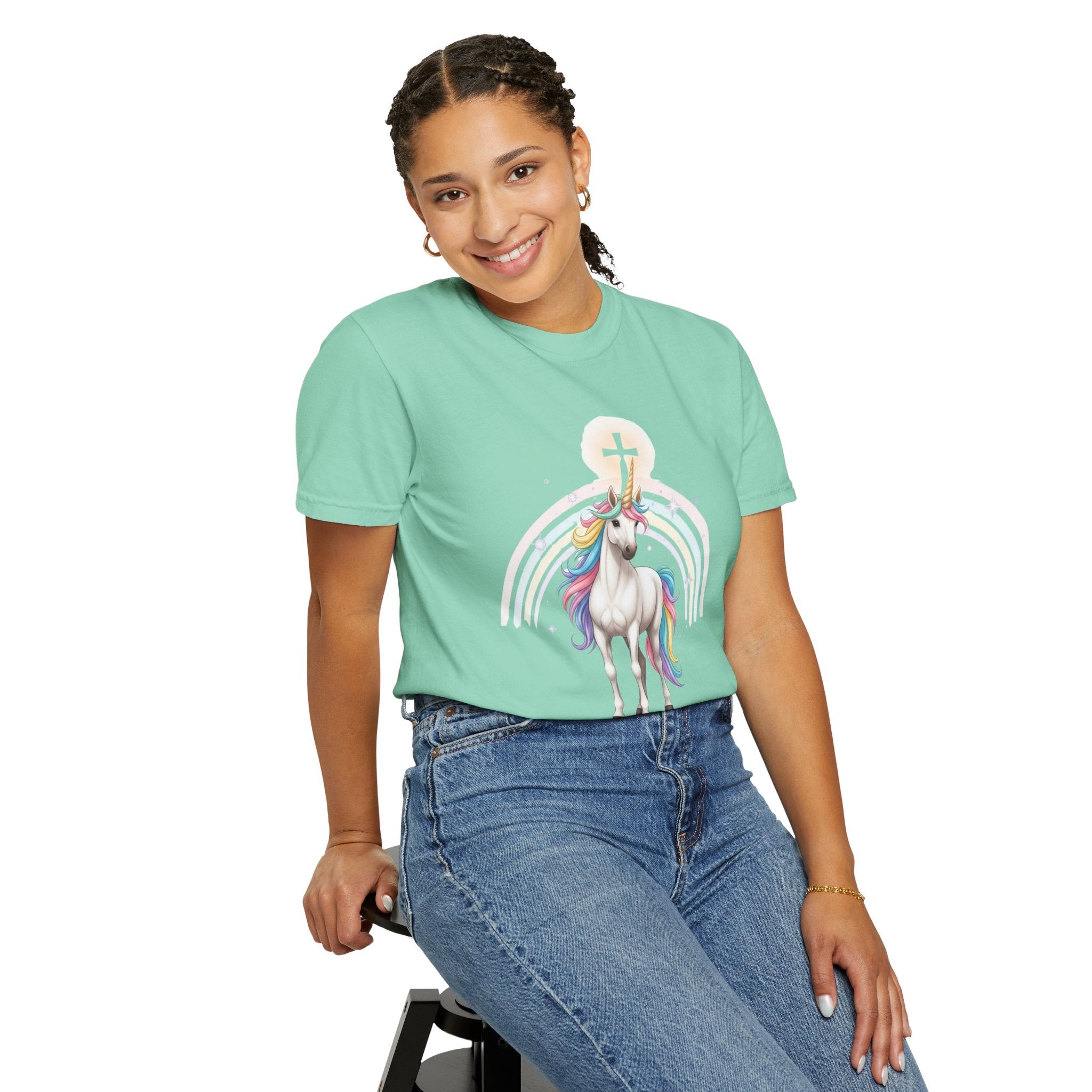 Unique Unicorn Christian T-Shirt – Wonderfully Made with Rainbow Cross & Psalm 139:14 Printify