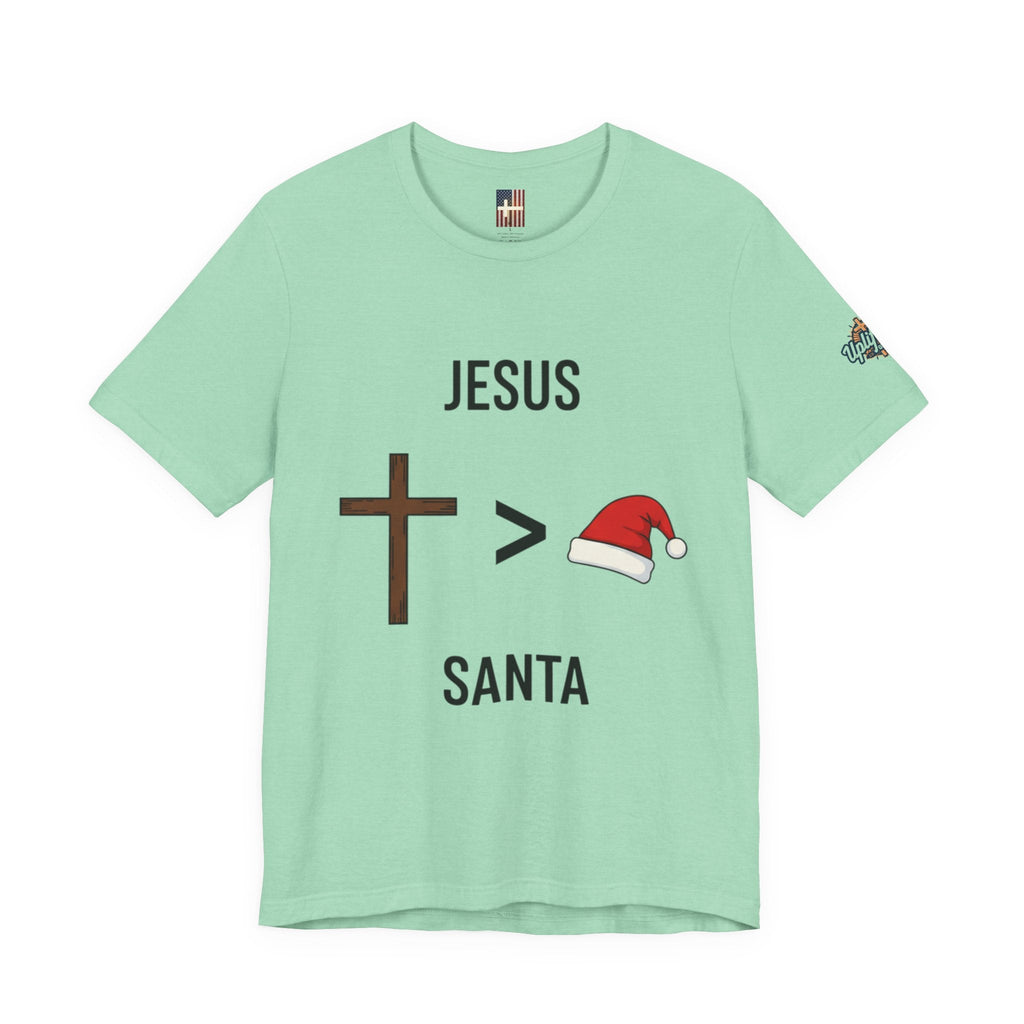 🎄 Jesus > Santa – Minimalist Christian Christmas T-Shirt | Bold Faith Over Holiday Tee | Cross vs Santa Hat Design | Uplifted Gear Printify