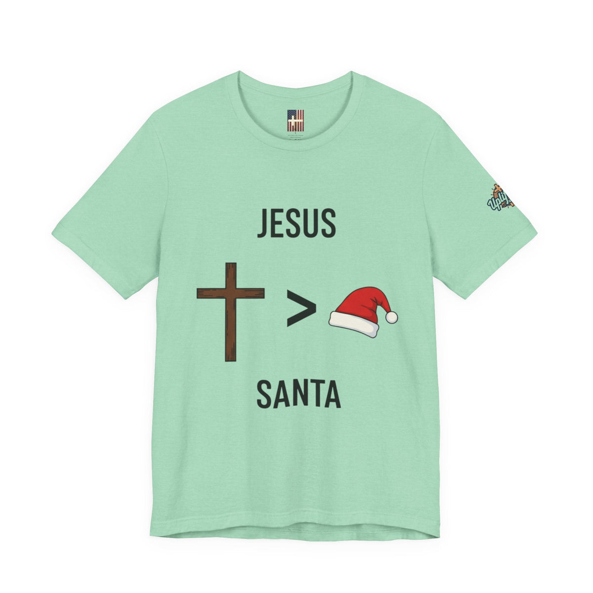 🎄 Jesus > Santa – Minimalist Christian Christmas T-Shirt | Bold Faith Over Holiday Tee | Cross vs Santa Hat Design | Uplifted Gear Printify