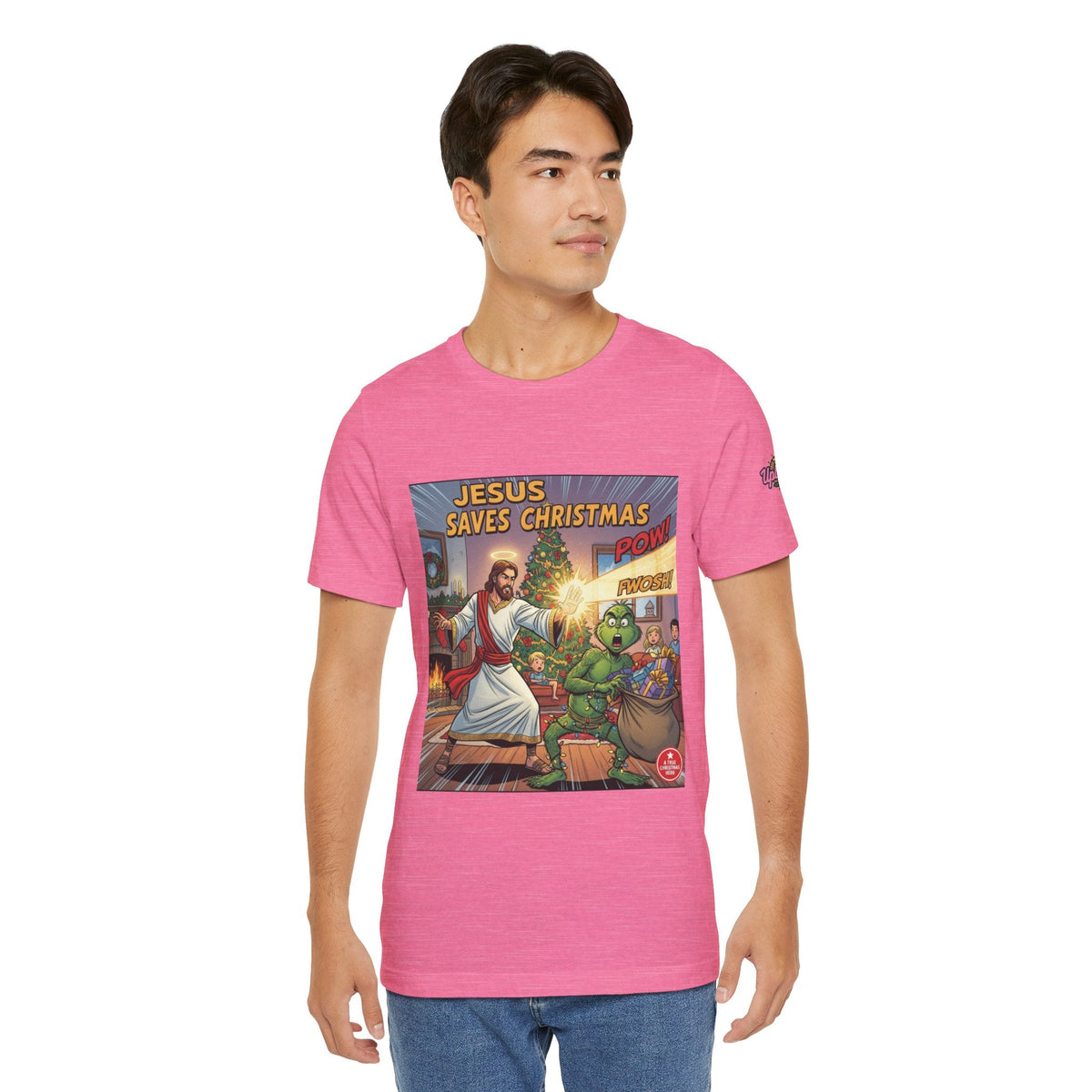 Jesus Saves Christmas T-shirt – Grinch vs Savior Light Battle Christian T-shirt for Hilarious Holiday Faith & True Joy Printify