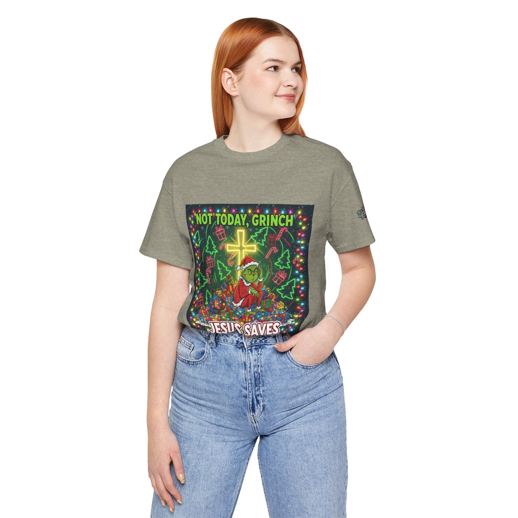 🎄 Not Today, Grinch – Jesus Saves | Funny Christian Christmas T-Shirt | Festive Green & Red Cartoon Style | Bold Faith Holiday Tee by Uplifted Gear Printify
