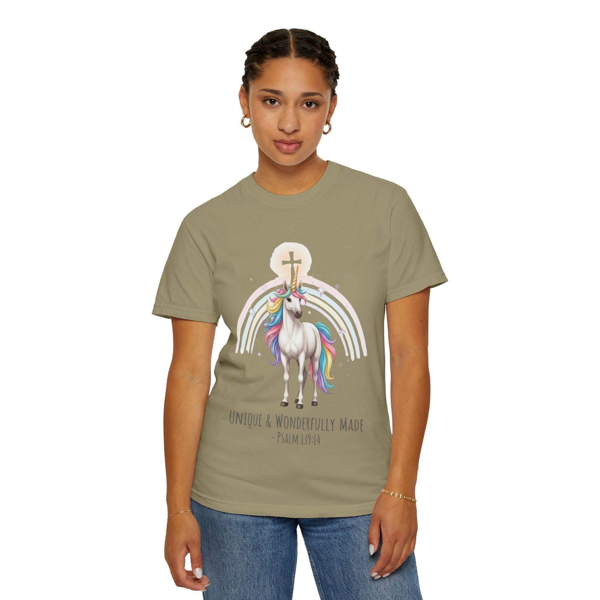 Unique Unicorn Christian T-Shirt – Wonderfully Made with Rainbow Cross & Psalm 139:14 Printify