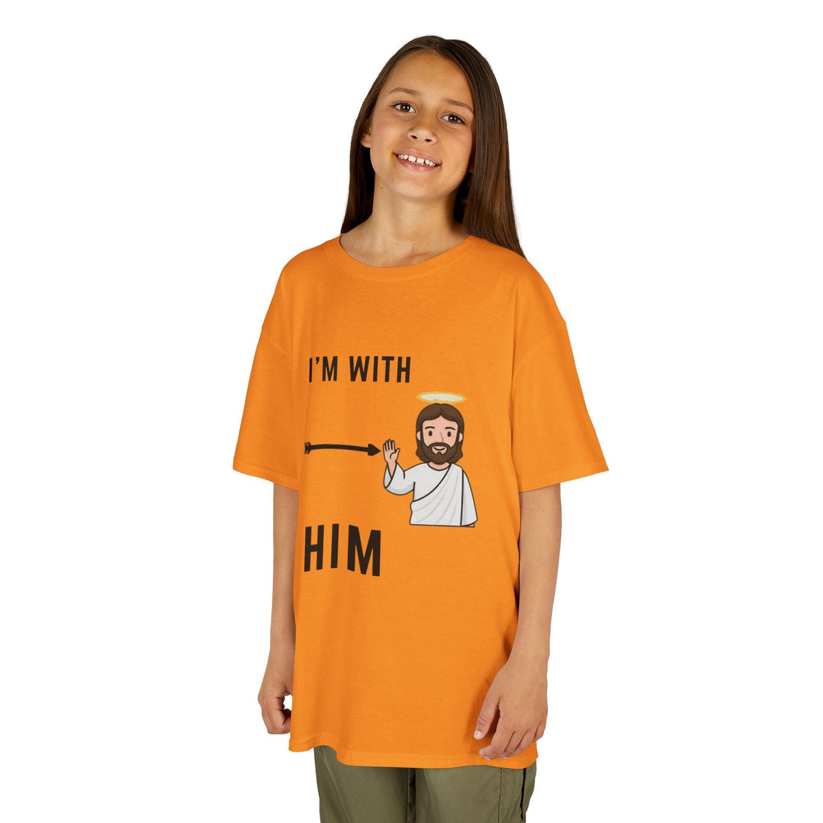 🔥 I’m With Him → Christian Kids T-Shirt | Arrow Pointing to Jesus | Minimalist Faith Tee | Subtle Cross Design | Bible-Inspired Apparel by Uplifted Gear Printify