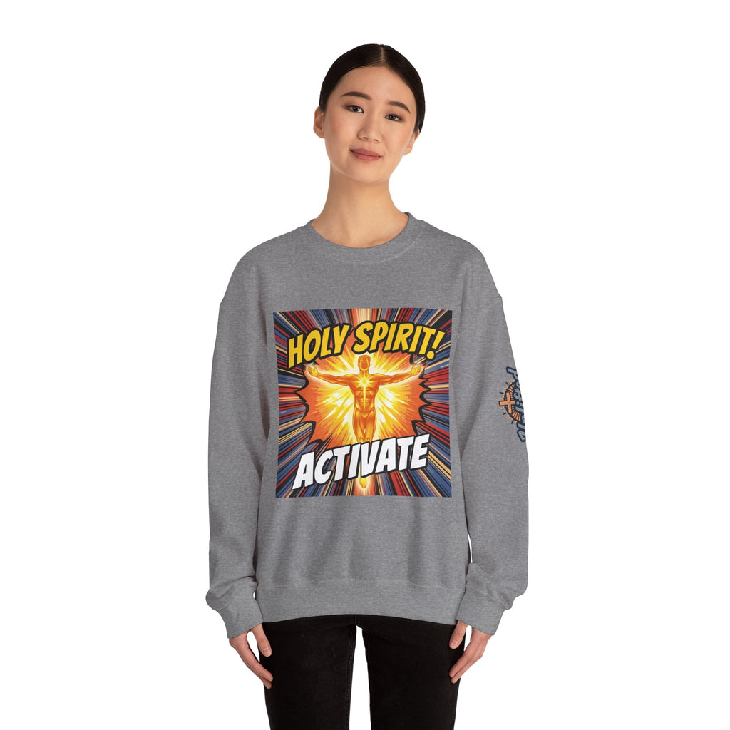Holy Spirit Activate Sweatshirt – Superhero Christian Sweatshirt with Vibrant Power-Up Design for Faith-Fueled Boldness Printify