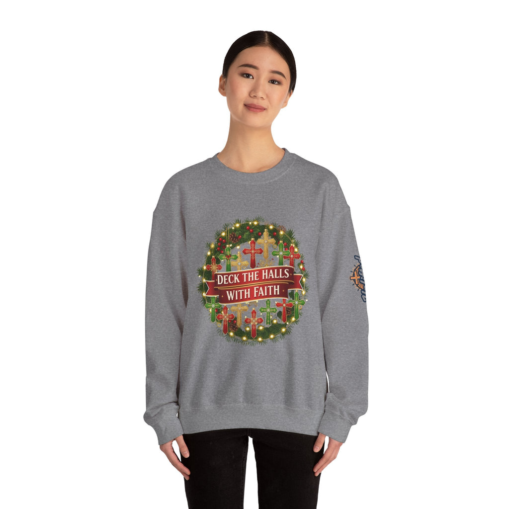 🎄 Deck the Halls with Faith – Christian Christmas Sweatshirt | Cross Ornament Design & Festive Garland | Bold Holiday Faith Tee by Uplifted Gear Printify