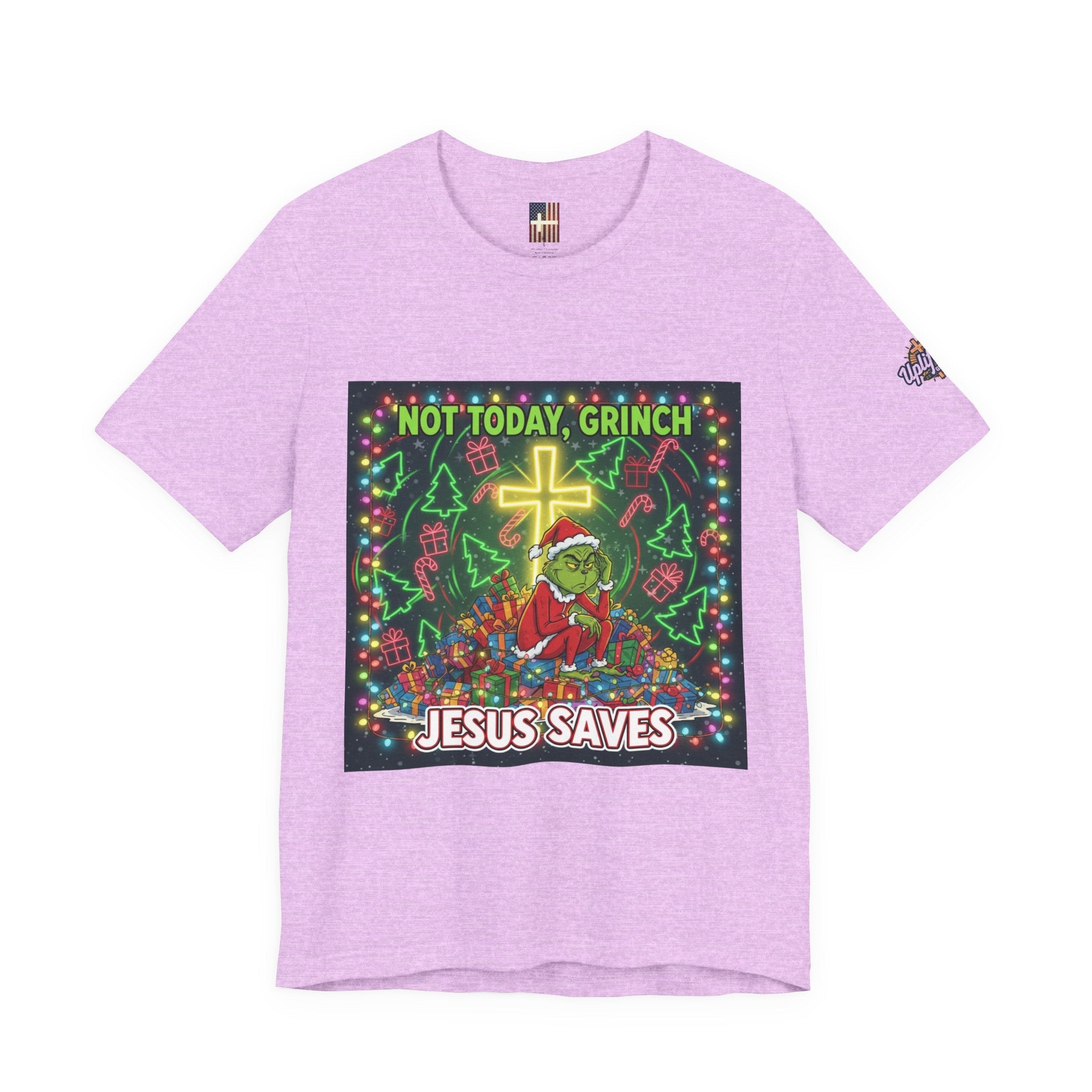 🎄 Not Today, Grinch – Jesus Saves | Funny Christian Christmas T-Shirt | Festive Green & Red Cartoon Style | Bold Faith Holiday Tee by Uplifted Gear Printify