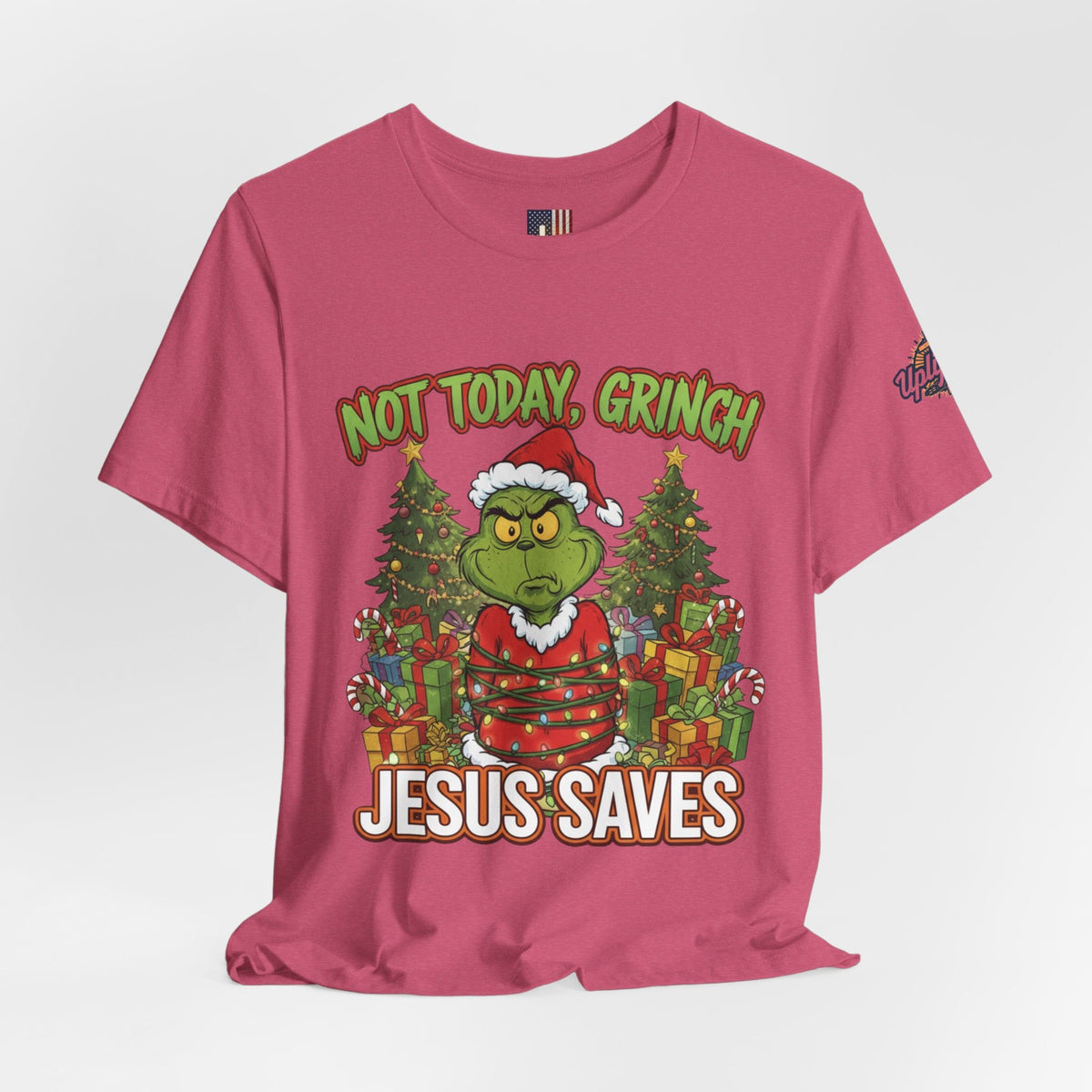 🎄 Not Today, Grinch – Jesus Saves | Funny Christian Christmas T-Shirt | Sulking Grinch & Glowing Cross | Bold Neon Faith Tee by Uplifted Gear Printify
