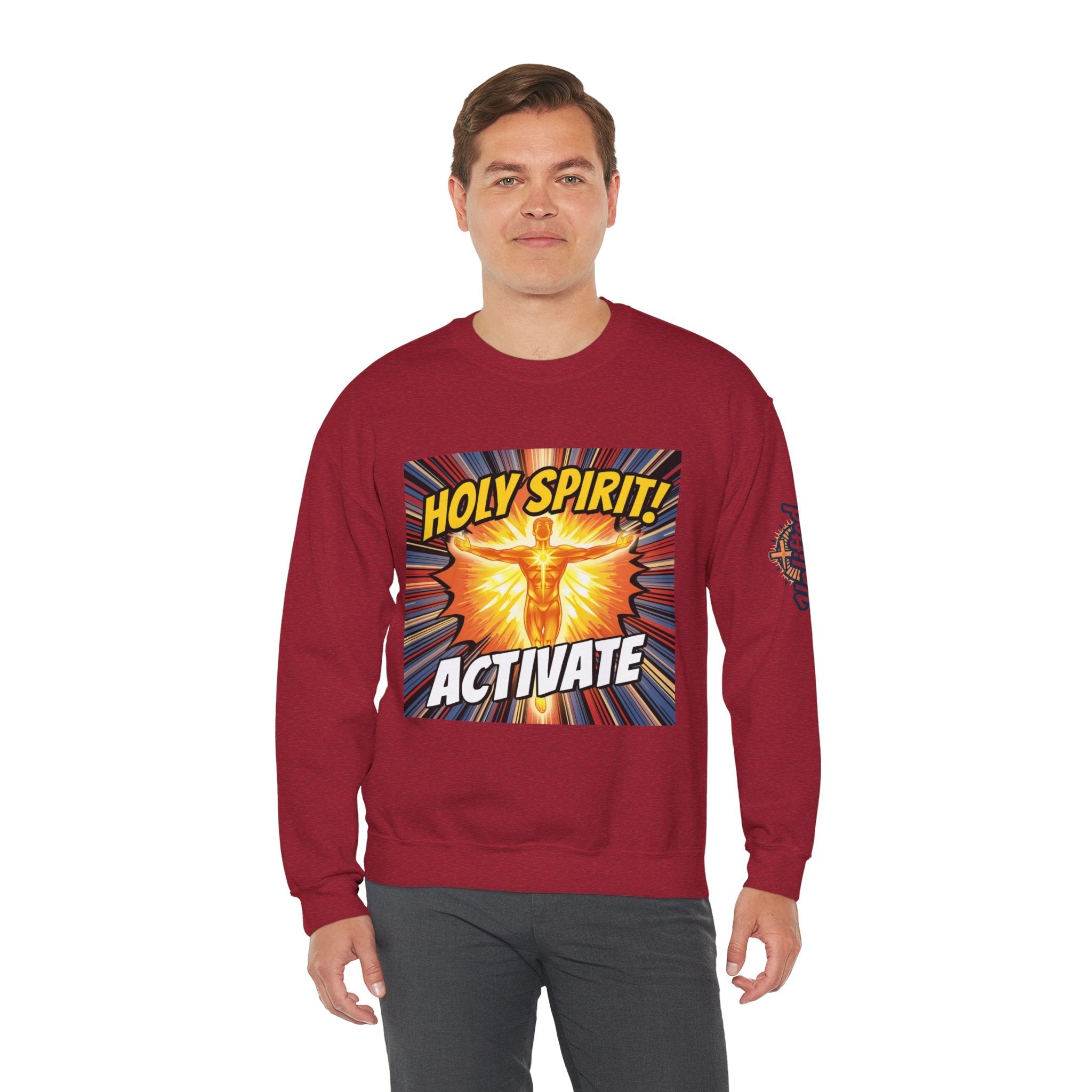 Holy Spirit Activate Sweatshirt – Superhero Christian Sweatshirt with Vibrant Power-Up Design for Faith-Fueled Boldness Printify