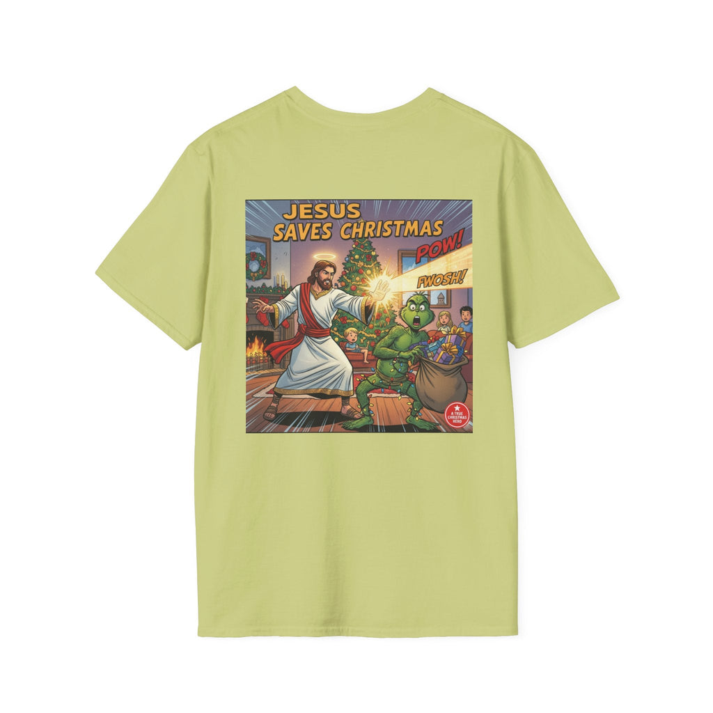 Jesus Saves Christmas T-shirt – Grinch vs Savior Light Battle Christian T-shirt for Hilarious Holiday Faith & True Joy Printify