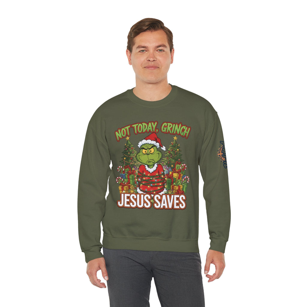 🎄 Not Today, Grinch – Jesus Saves | Funny Christian Christmas Sweatshirt | Sulking Grinch & Glowing Cross | Bold Neon Faith Tee by Uplifted Gear Printify