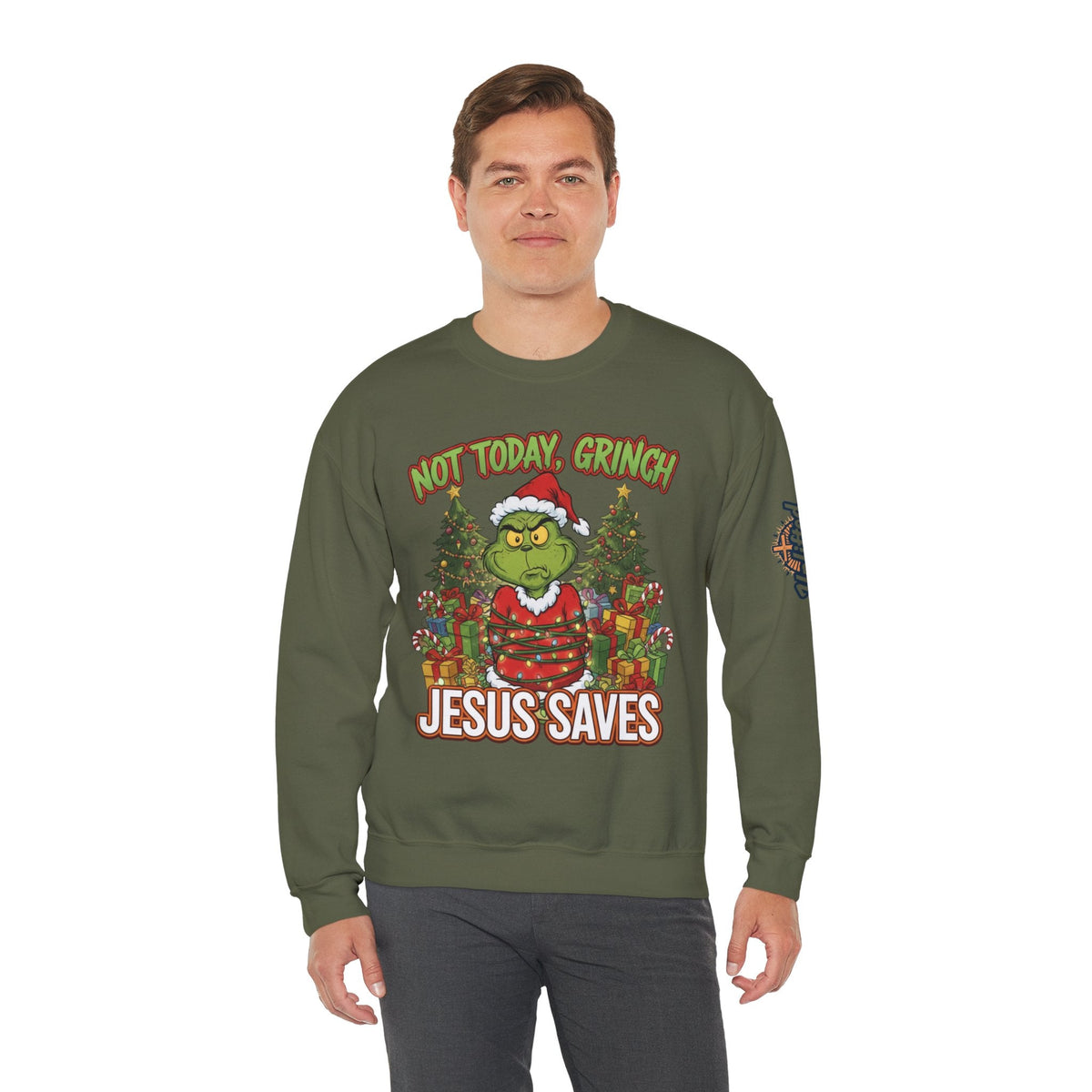 🎄 Not Today, Grinch – Jesus Saves | Funny Christian Christmas Sweatshirt | Sulking Grinch & Glowing Cross | Bold Neon Faith Tee by Uplifted Gear Printify