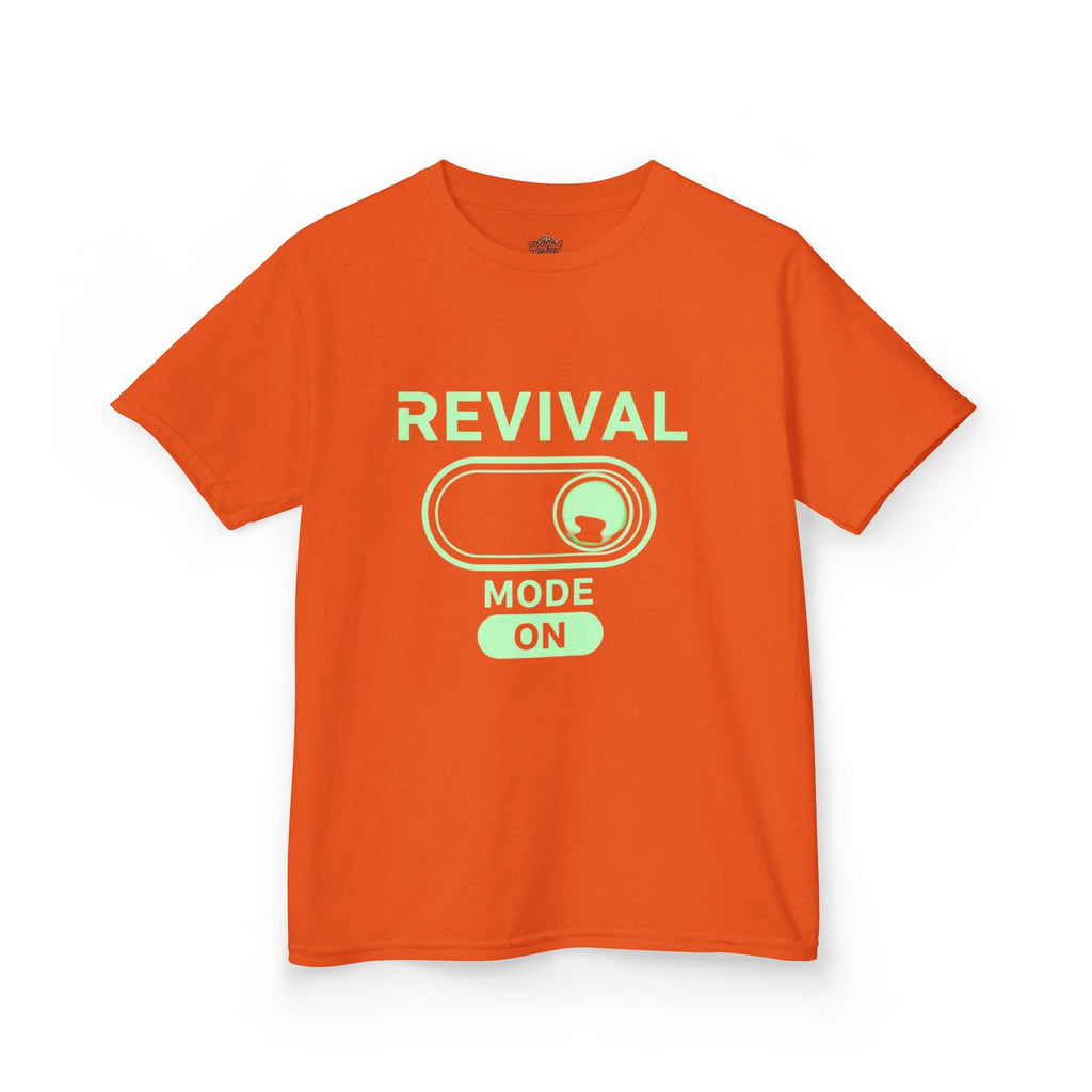 🔥 Revival Mode: ON – Christian Techwear Kids T-Shirt | Glowing Green Faith Switch | Futuristic Jesus Shirt | Activate Your Spiritual Awakening | Uplifted Gear Printify
