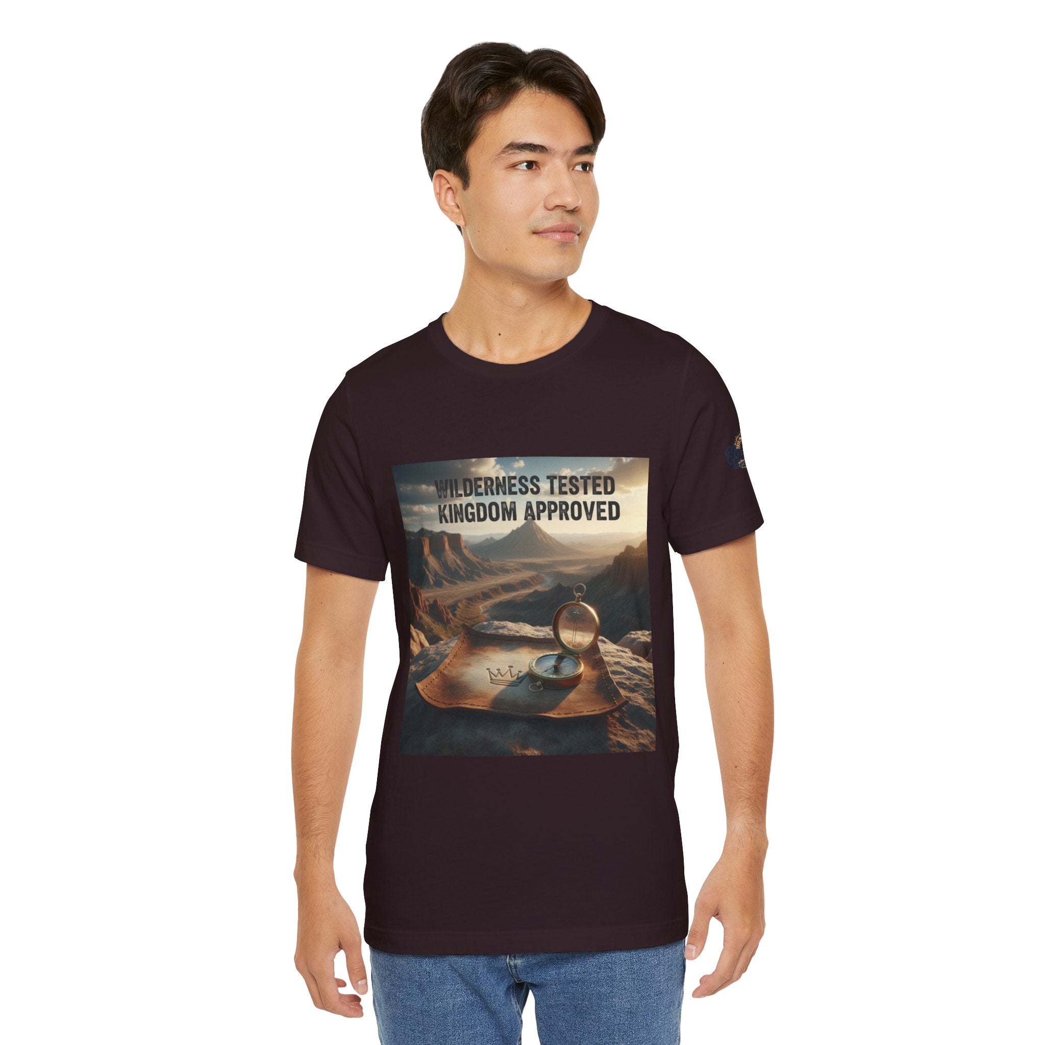 Wilderness Tested Kingdom Approved T-shirt – Mountain Desert Compass Crown Christian T-shirt for Biblical Adventure Faith Printify