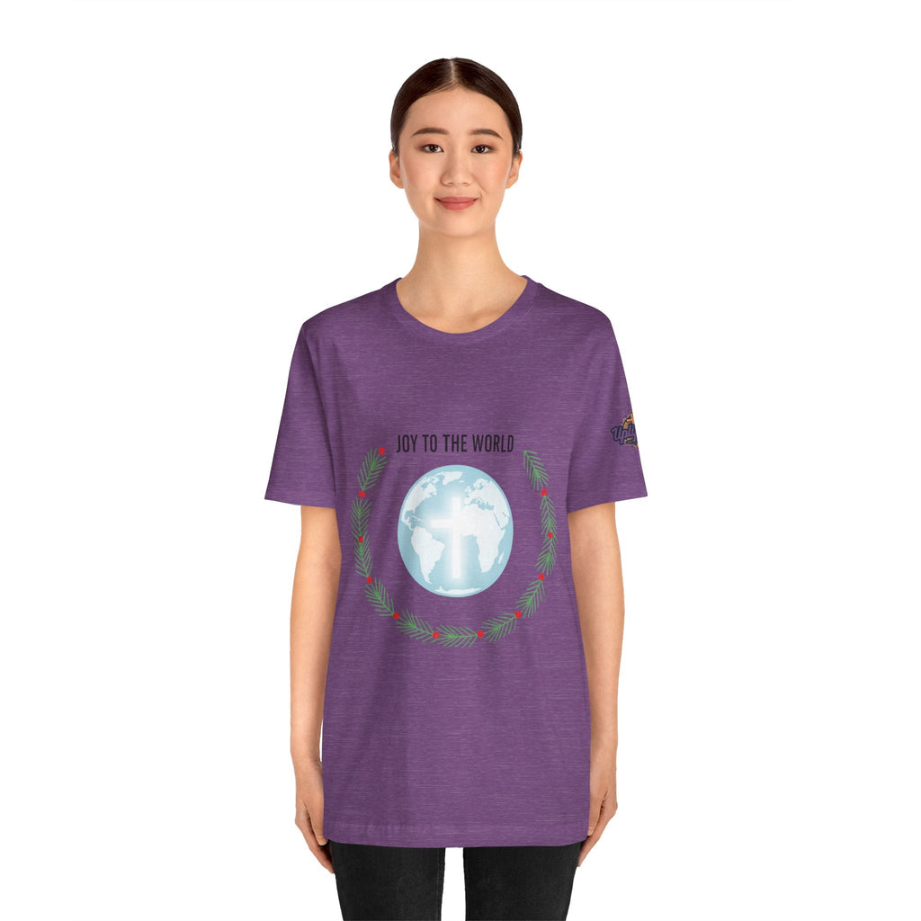 Joy to the World T-shirt – Wreath Earth Nativity Christian Christmas T-shirt for Isaiah 9:6 Holiday Faith & Festive Joy Printify