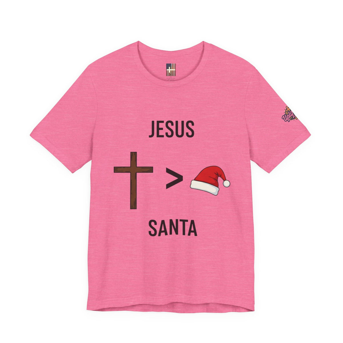 🎄 Jesus > Santa – Minimalist Christian Christmas T-Shirt | Bold Faith Over Holiday Tee | Cross vs Santa Hat Design | Uplifted Gear Printify