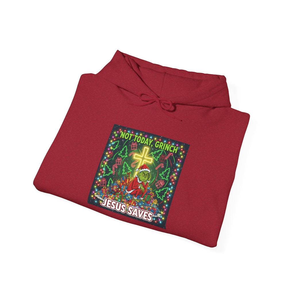 🎄 Not Today, Grinch – Jesus Saves | Funny Christian Christmas Hoodie | Festive Green & Red Cartoon Style | Bold Faith Holiday Tee by Uplifted Gear Printify