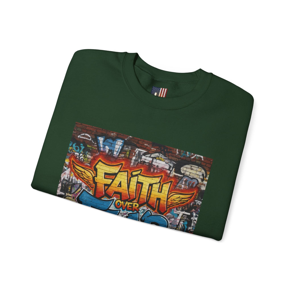 Faith Over Fear Sweatshirt – Graffiti Wall Christian Sweatshirt for Bold 2 Corinthians 5:7 Streetwear & Unshakable Faith Printify
