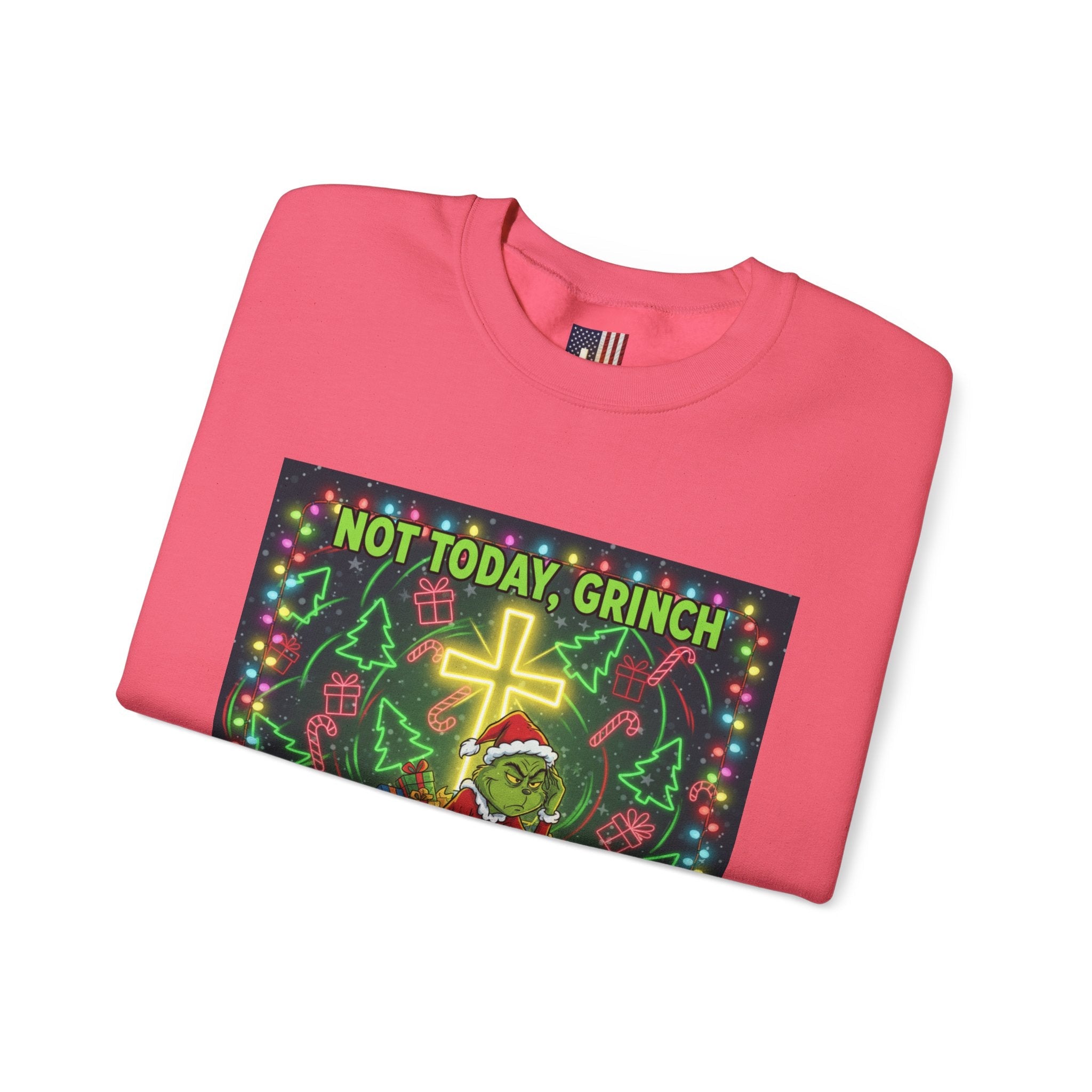 🎄 Not Today, Grinch – Jesus Saves | Funny Christian Christmas Sweatshirt | Festive Green & Red Cartoon Style | Bold Faith Holiday Tee by Uplifted Gear Printify