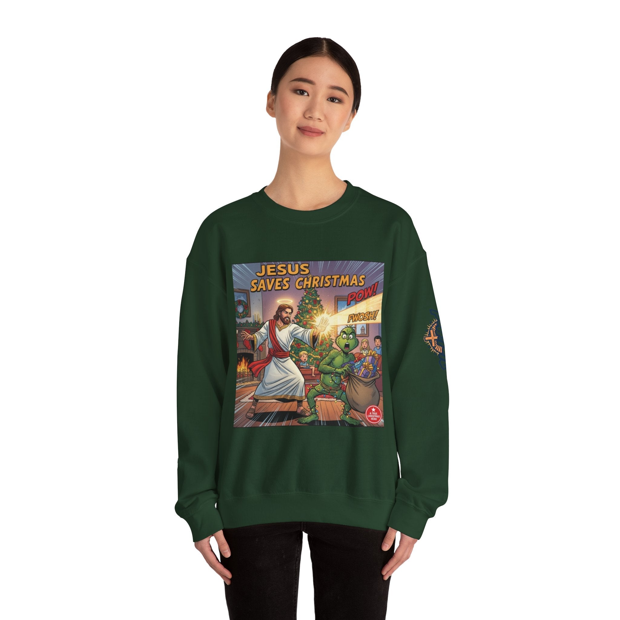 Jesus Saves Christmas Sweatshirt – Grinch vs Savior Light Battle Christian Sweatshirt for Hilarious Holiday Faith & True Joy Printify