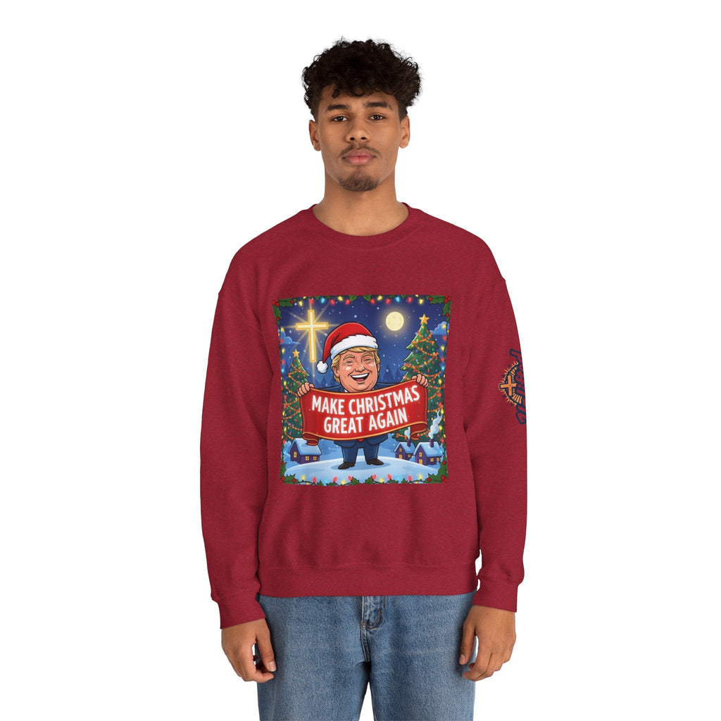 🎄 Make Christmas Great Again – Patriotic Christian Christmas Sweatshirt | Bold Holiday Faith Tee | Red & White Banner Design | Uplifted Gear Printify