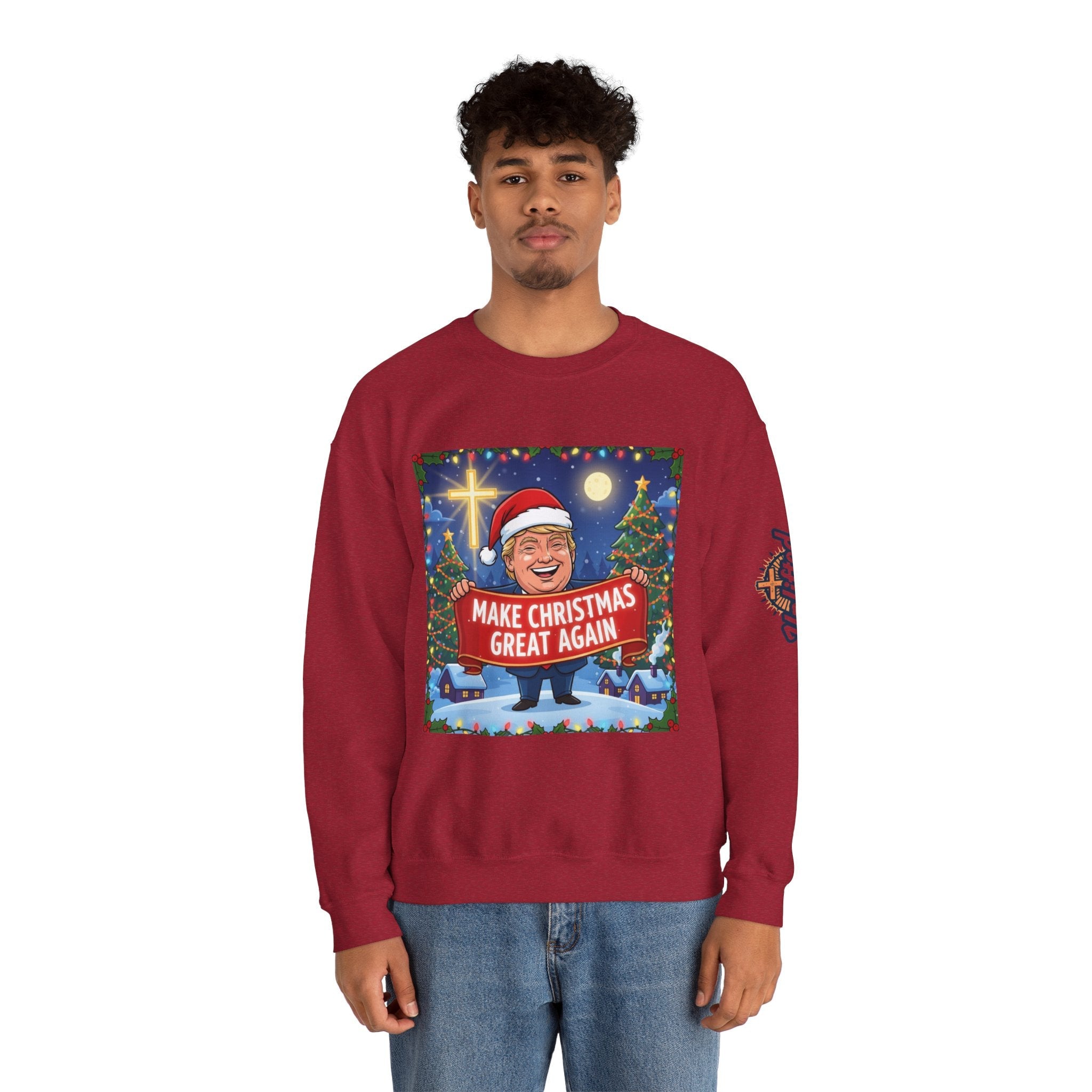🎄 Make Christmas Great Again – Patriotic Christian Christmas Sweatshirt | Bold Holiday Faith Tee | Red & White Banner Design | Uplifted Gear Printify