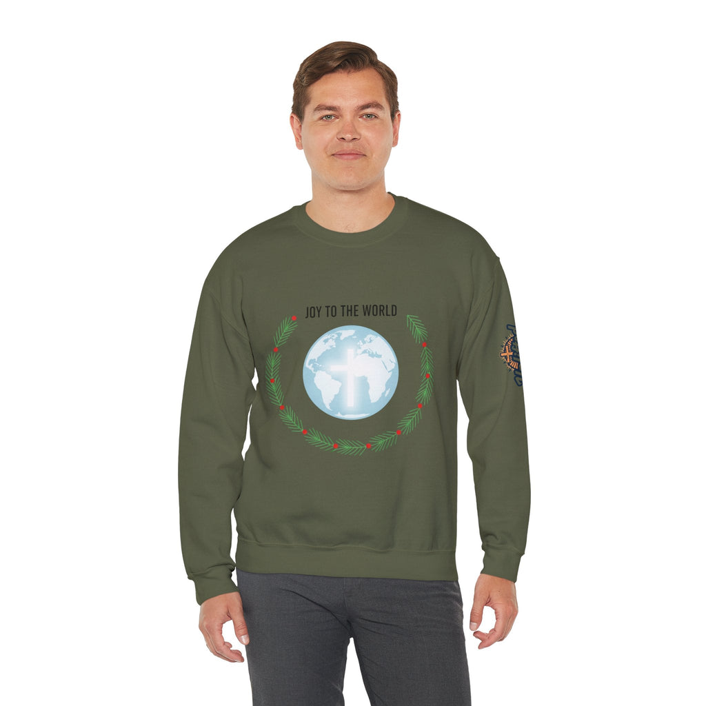 Joy to the World Sweatshirt – Wreath Earth Nativity Christian Christmas Sweatshirt for Isaiah 9:6 Holiday Faith & Festive Joy Printify