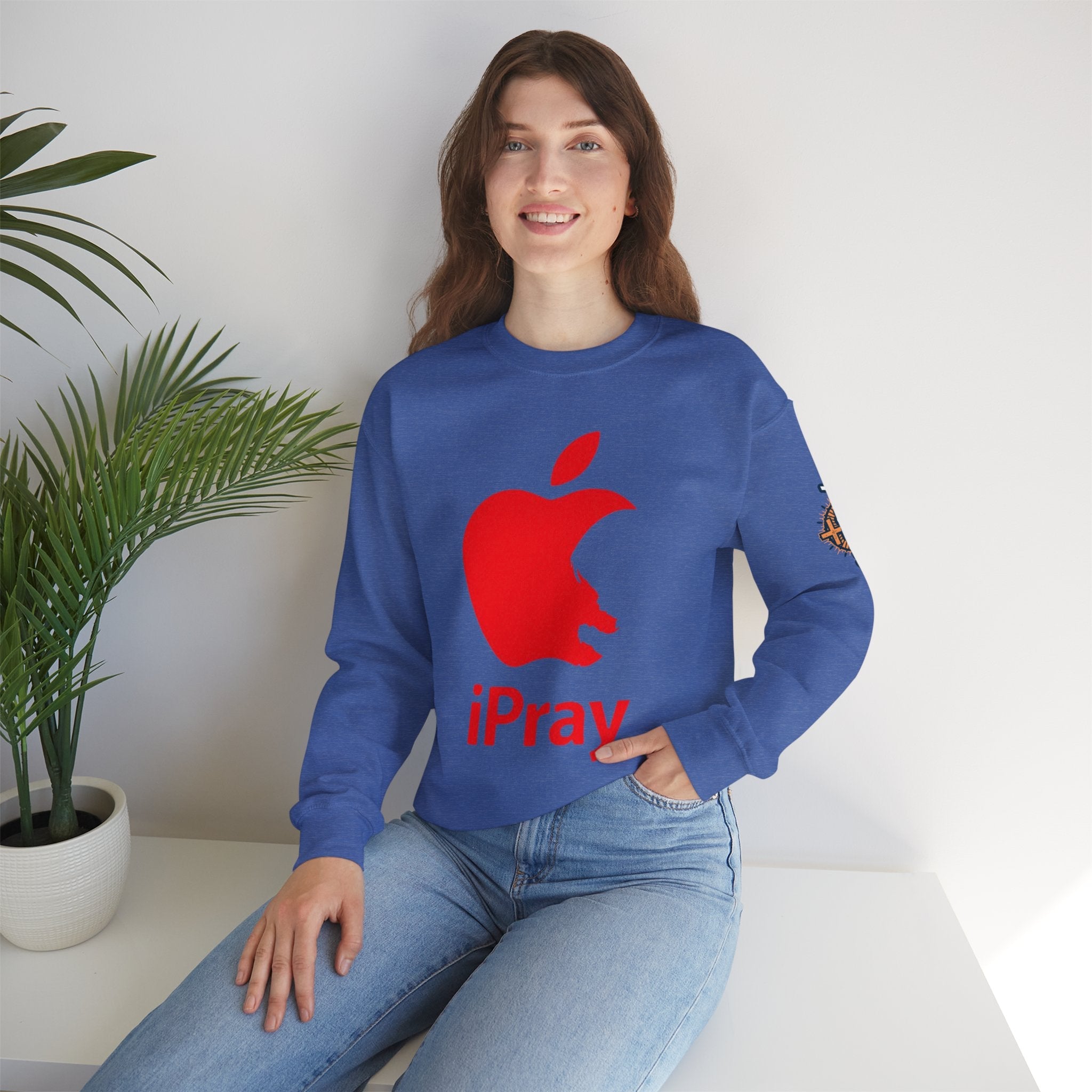 iPray Apple Logo Sweatshirt — Funny Christian Sweatshirt (Minimal Red Apple Graphic) Printify