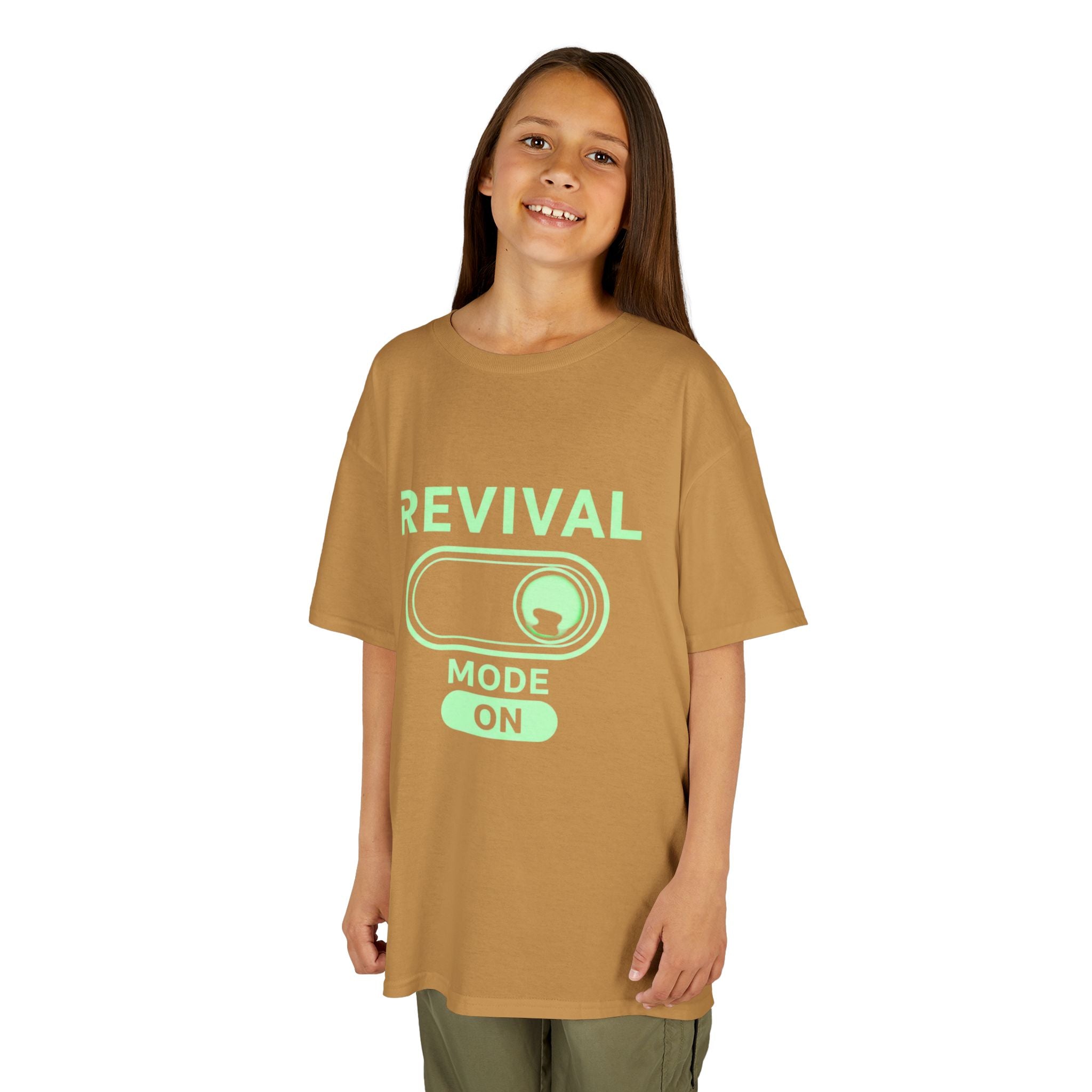 🔥 Revival Mode: ON – Christian Techwear Kids T-Shirt | Glowing Green Faith Switch | Futuristic Jesus Shirt | Activate Your Spiritual Awakening | Uplifted Gear Printify