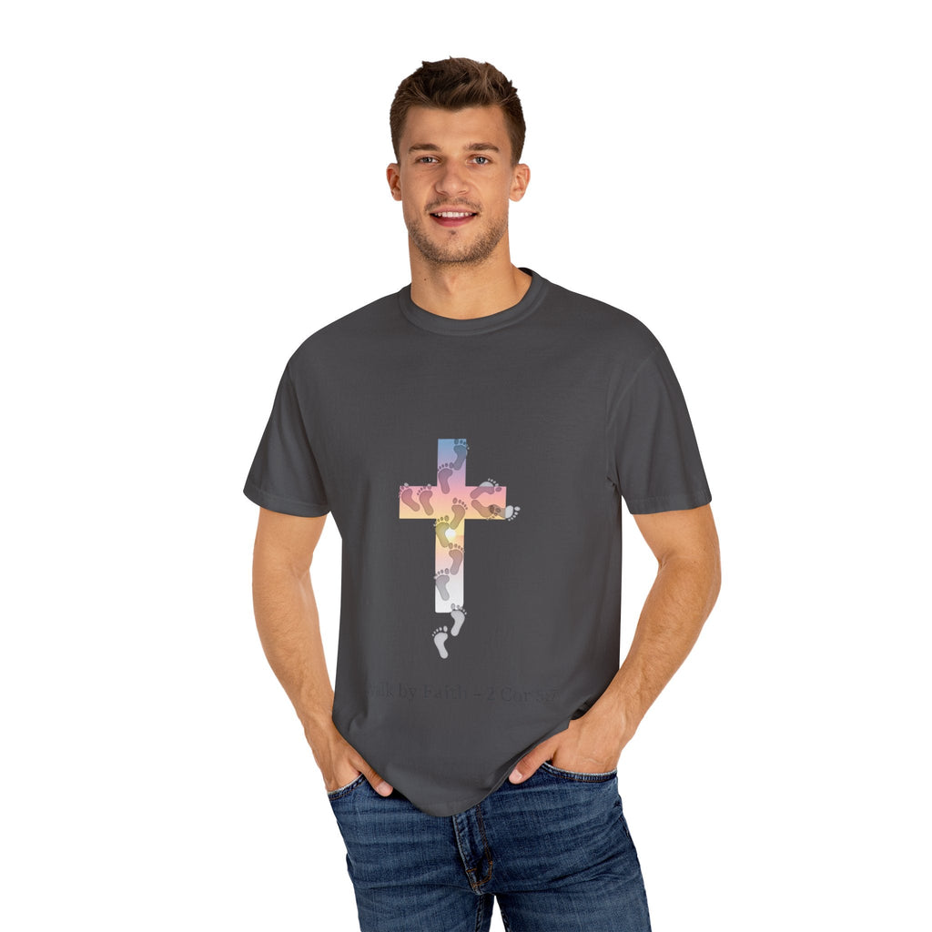 Walk by Faith T-Shirt – Cross & Footprints Christian Tee for Bold Believers Printify