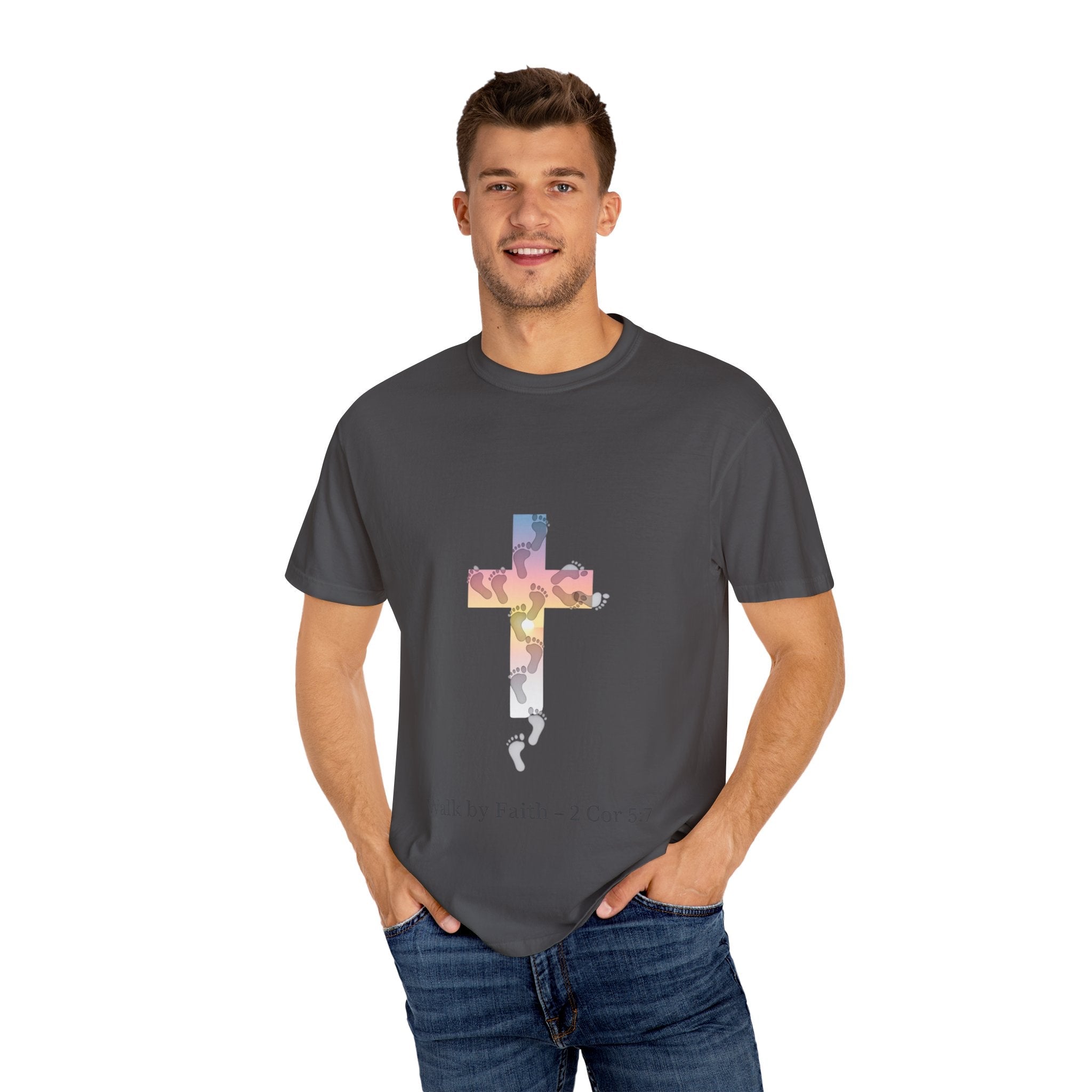 Walk by Faith T-Shirt – Cross & Footprints Christian Tee for Bold Believers Printify