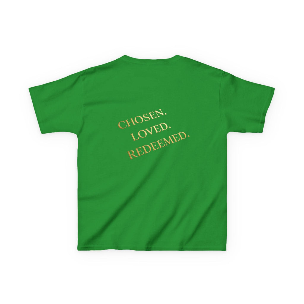 ✨ Chosen. Loved. Redeemed. – Elegant Christian Kids T-Shirt | Gold Foil Faith Tee | Subtle Cross & Heart Design | Inspirational Bible Verse Apparel by Uplifted Gear Printify