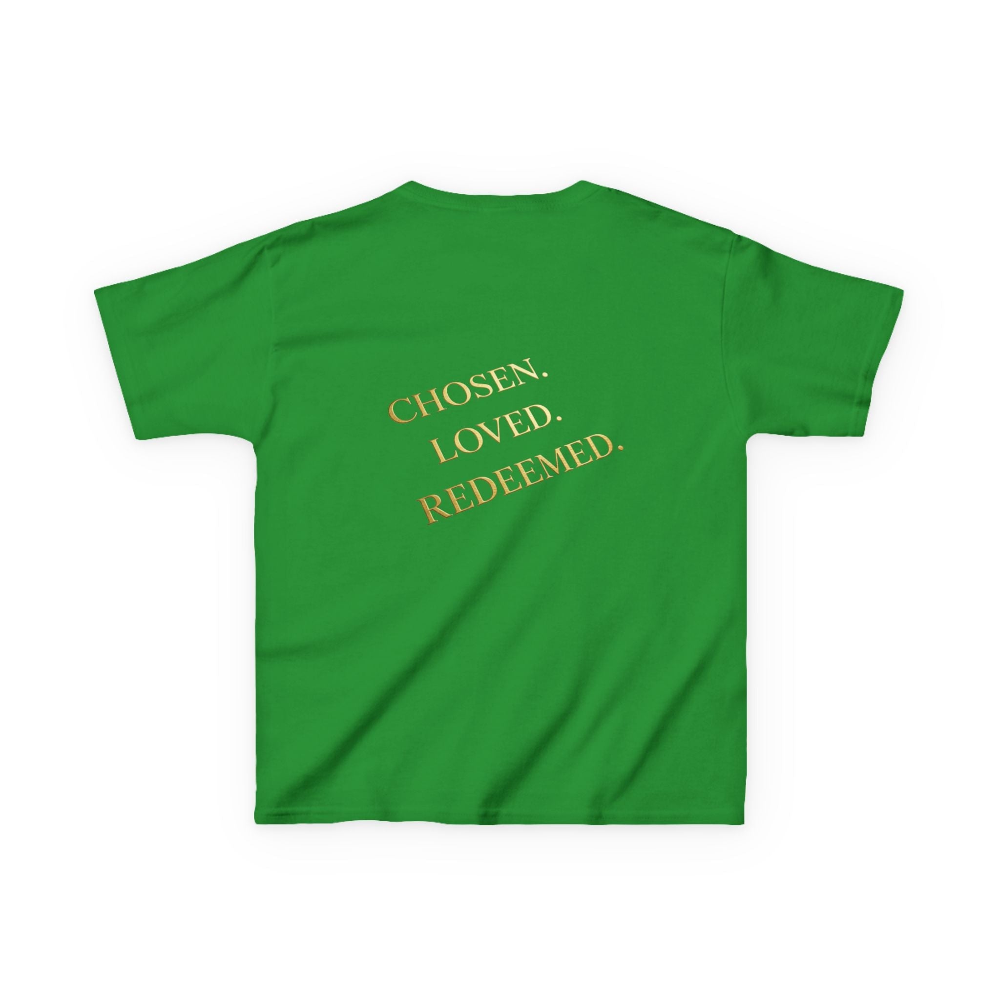 ✨ Chosen. Loved. Redeemed. – Elegant Christian Kids T-Shirt | Gold Foil Faith Tee | Subtle Cross & Heart Design | Inspirational Bible Verse Apparel by Uplifted Gear Printify
