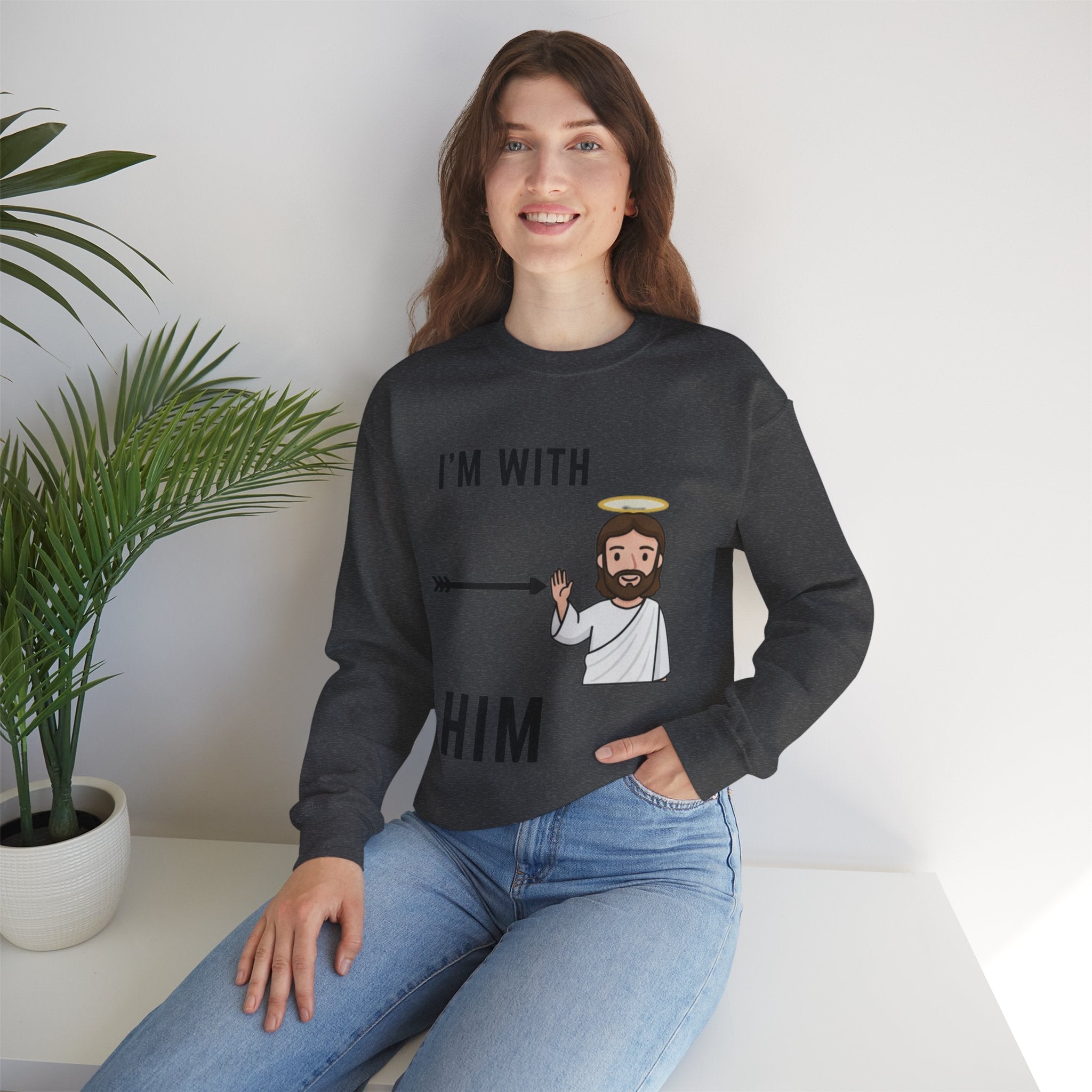 🔥 I’m With Him → Christian Sweatshirt | Arrow Pointing to Jesus | Minimalist Faith Tee | Subtle Cross Design | Bible-Inspired Apparel by Uplifted Gear Printify