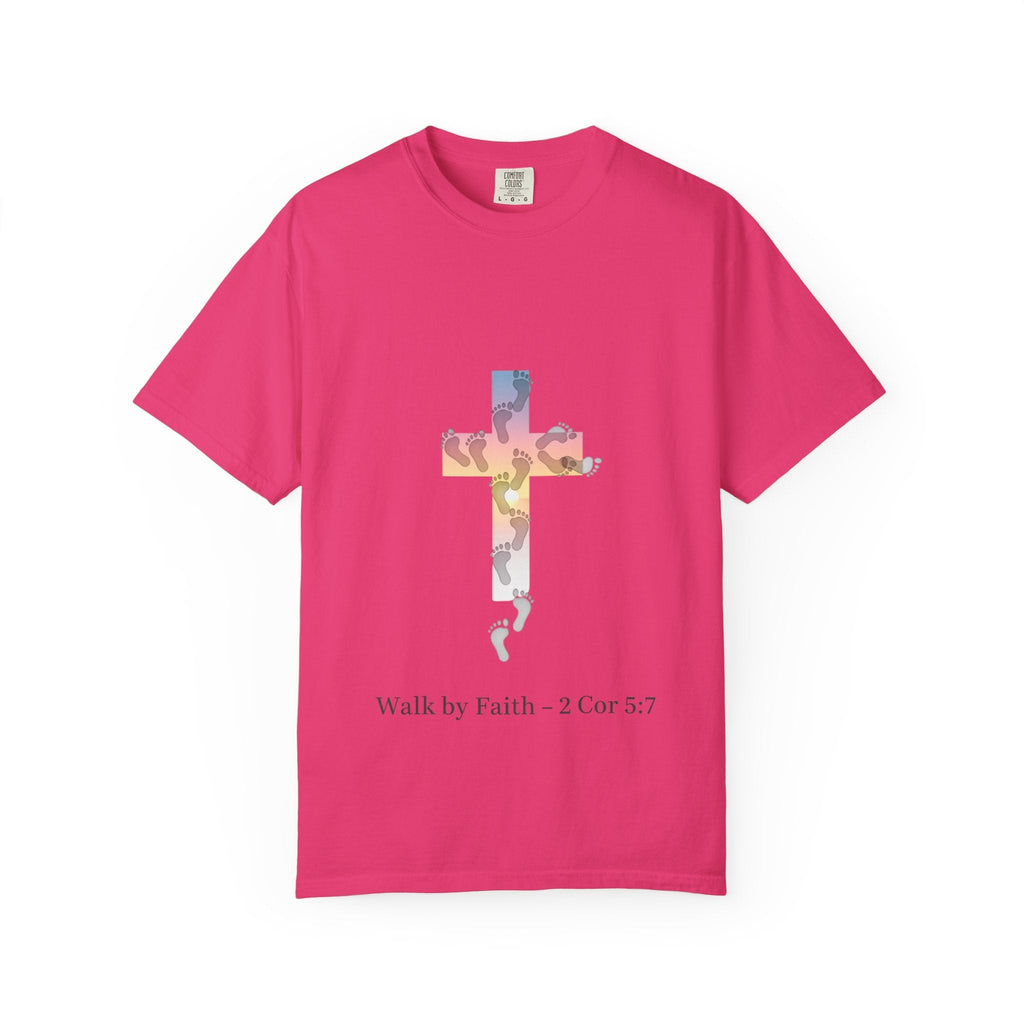 Walk by Faith T-Shirt – Cross & Footprints Christian Tee for Bold Believers Printify