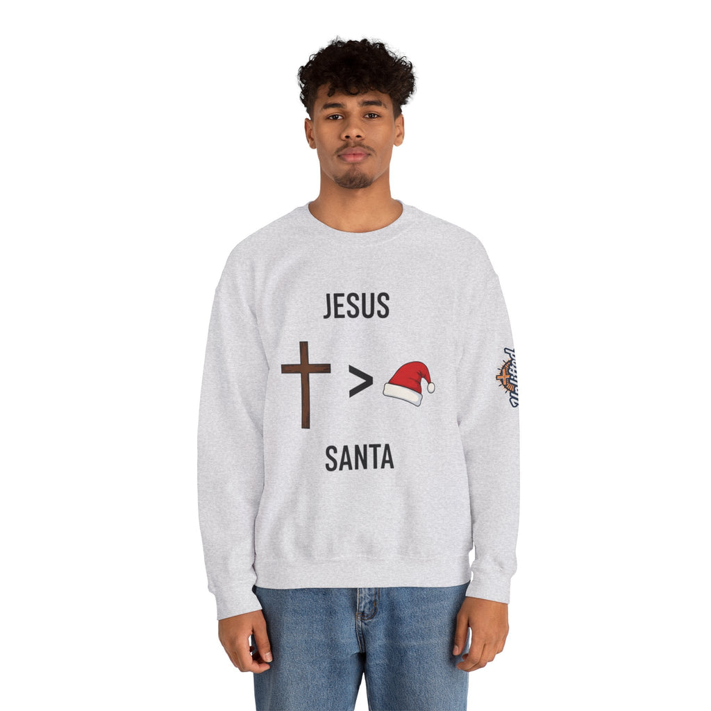 🎄 Jesus > Santa – Minimalist Christian Christmas Sweatshirt | Bold Faith Over Holiday Tee | Cross vs Santa Hat Design | Uplifted Gear Printify