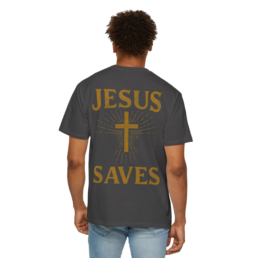Jesus Saves T-shirt – Radiant Cross & Rays of Light Christian T-shirt for Eternal Hope & Faith Printify