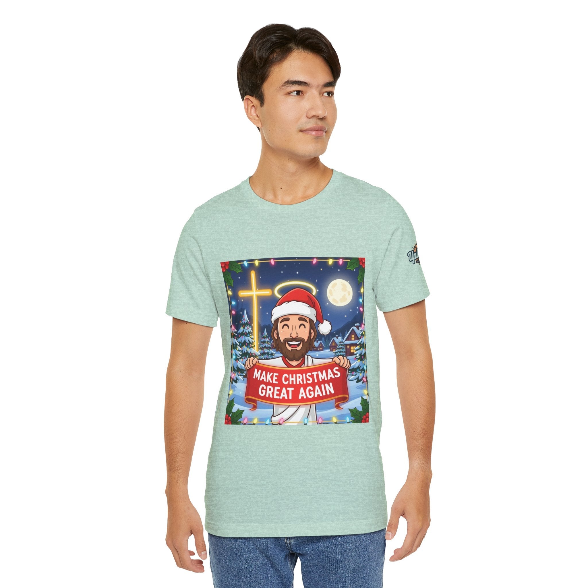 🎄 Make Christmas Great Again – Funny Christian T-Shirt | Jesus Holding Banner | Faith-Based Holiday Parody Tee | Uplifted Gear Printify