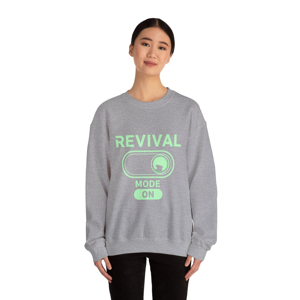 🔥 Revival Mode: ON – Christian Techwear Sweatshirt | Glowing Green Faith Switch | Futuristic Jesus Shirt | Activate Your Spiritual Awakening | Uplifted Gear Printify