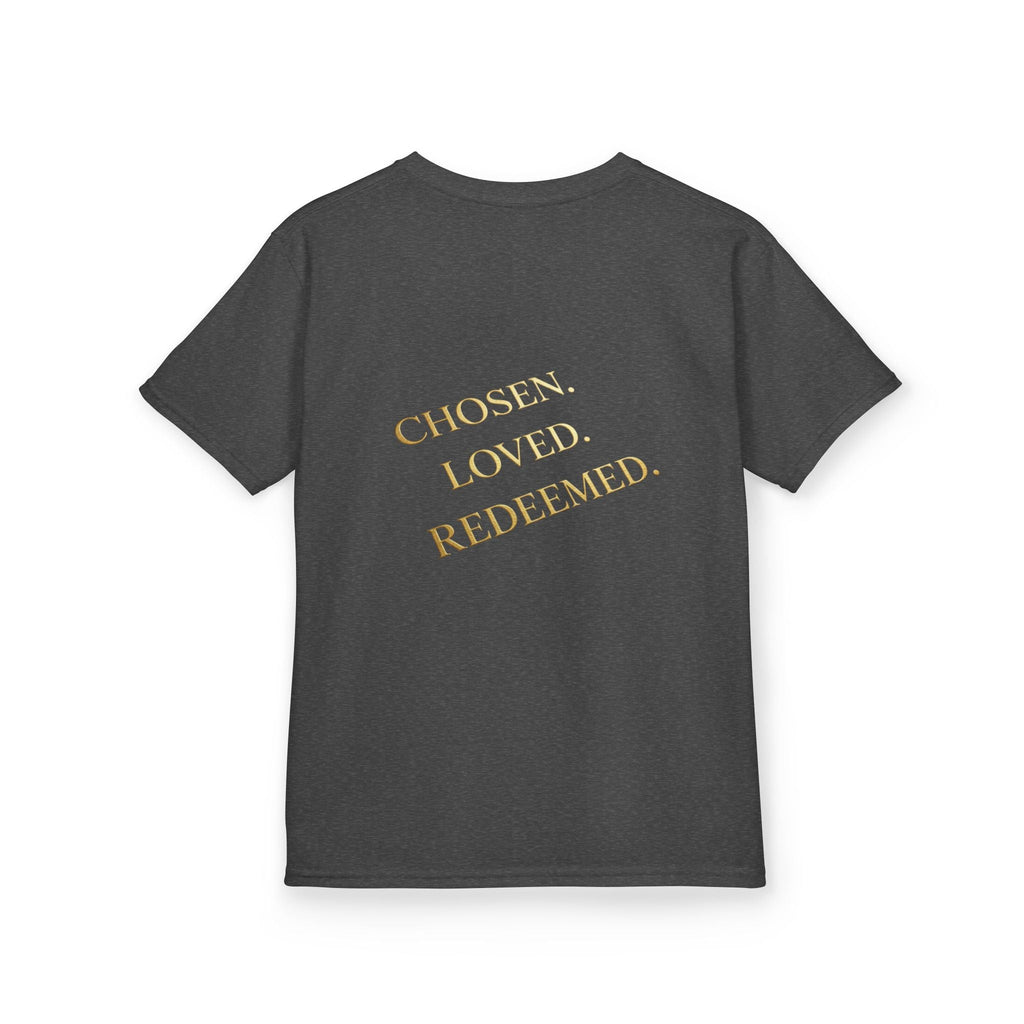 ✨ Chosen. Loved. Redeemed. – Elegant Christian Kids T-Shirt | Gold Foil Faith Tee | Subtle Cross & Heart Design | Inspirational Bible Verse Apparel by Uplifted Gear Printify