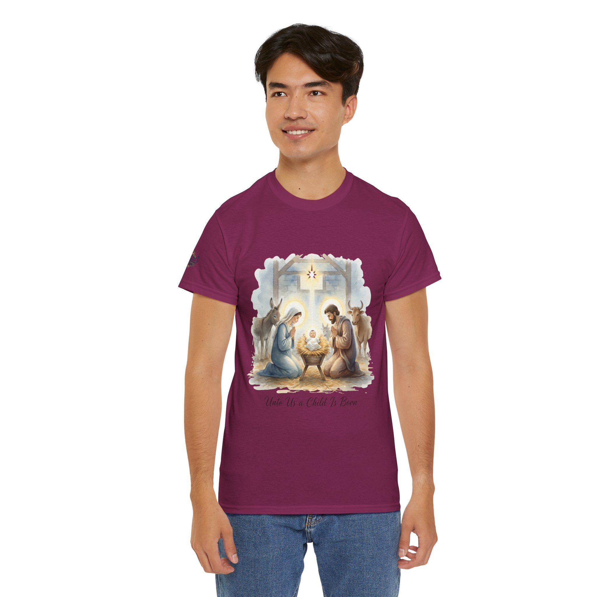 Unto Us a Child is Born T-shirt – Isaiah 9:6 Nativity Manger Scene Christian Christmas T-shirt for Holy Night Faith Printify