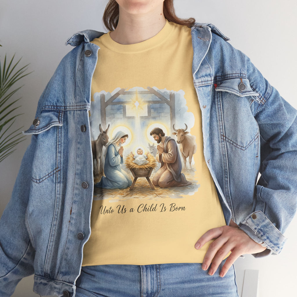 Unto Us a Child is Born T-shirt – Isaiah 9:6 Nativity Manger Scene Christian Christmas T-shirt for Holy Night Faith Printify