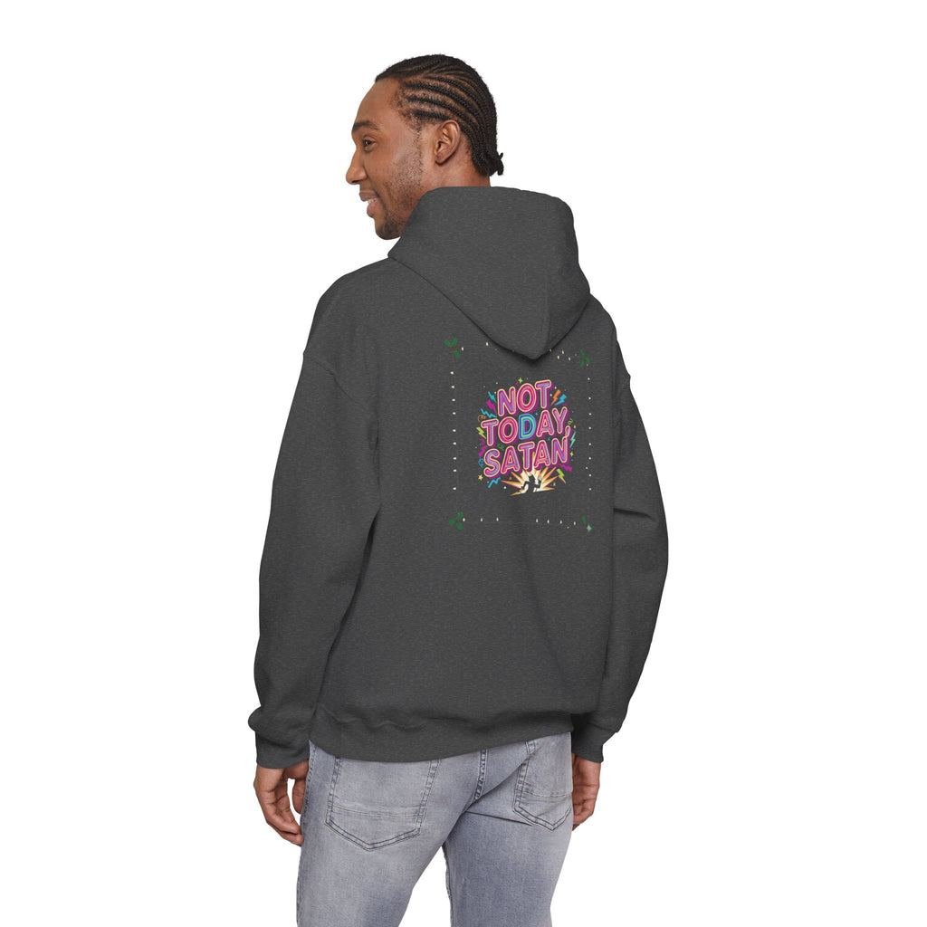 🔥 Not Today, Satan – Retro 90s Christian Hoodie | Neon Faith Tee | Funky Cartoon Devil | Bold Bible Verse Shirt | Uplifted Gear Printify