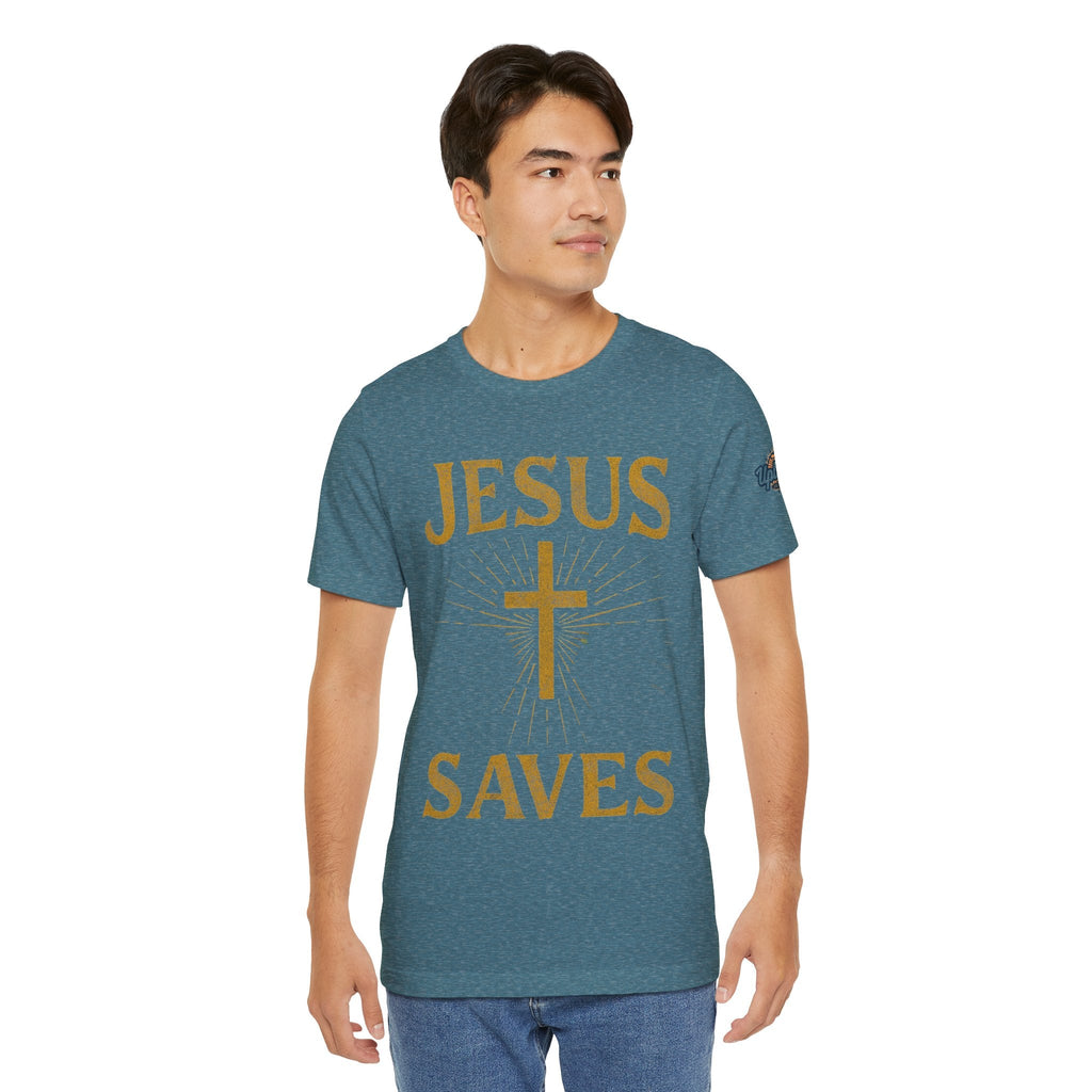Jesus Saves T-shirt – Radiant Cross & Rays of Light Christian T-shirt for Eternal Hope & Faith Printify