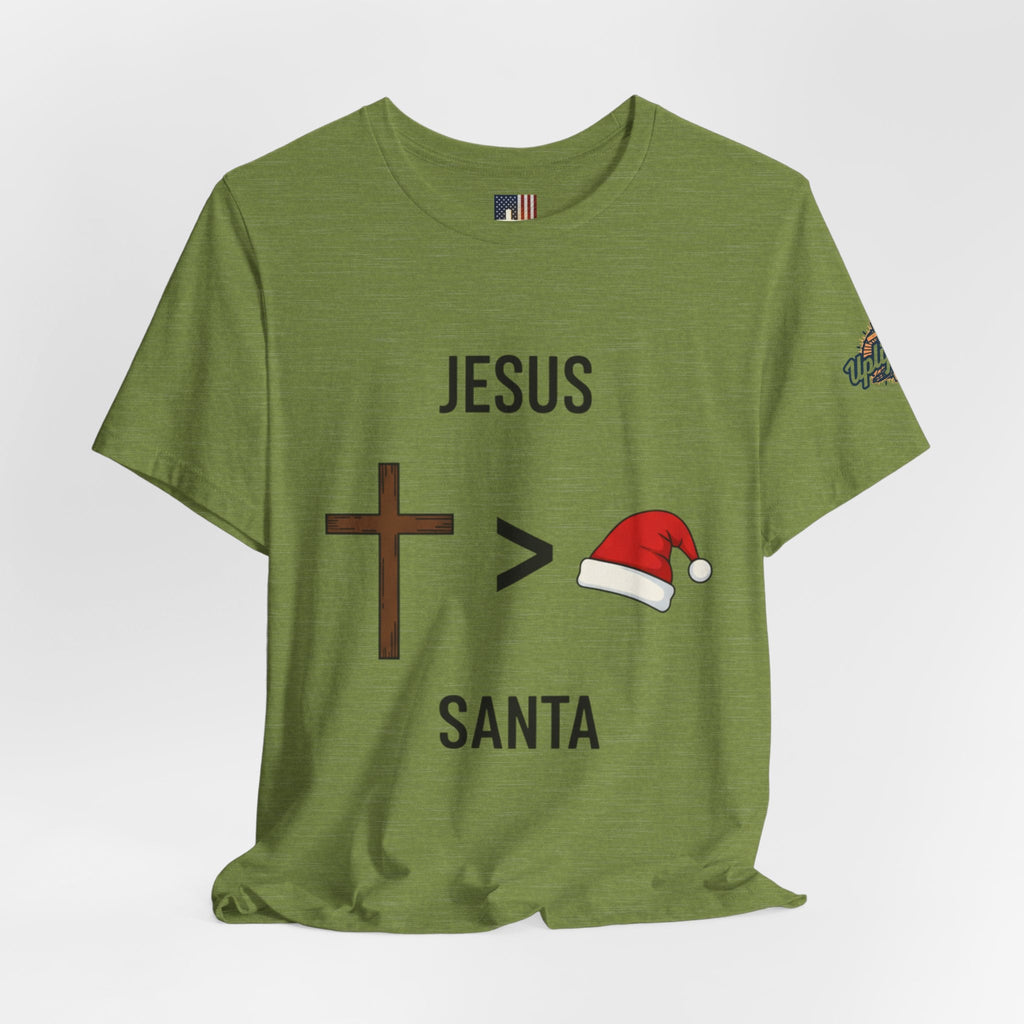 🎄 Jesus > Santa – Minimalist Christian Christmas T-Shirt | Bold Faith Over Holiday Tee | Cross vs Santa Hat Design | Uplifted Gear Printify