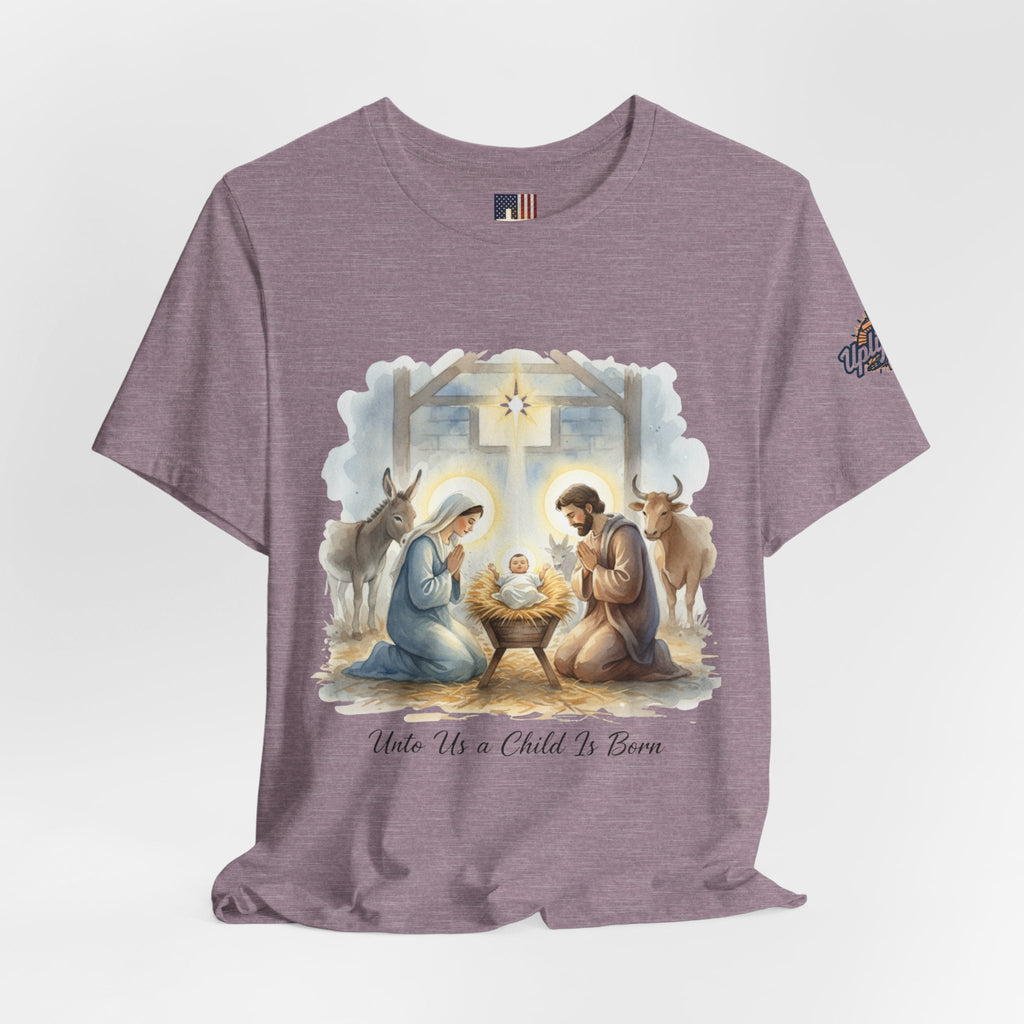 Unto Us a Child is Born T-shirt – Isaiah 9:6 Nativity Manger Scene Christian Christmas T-shirt for Holy Night Faith Printify