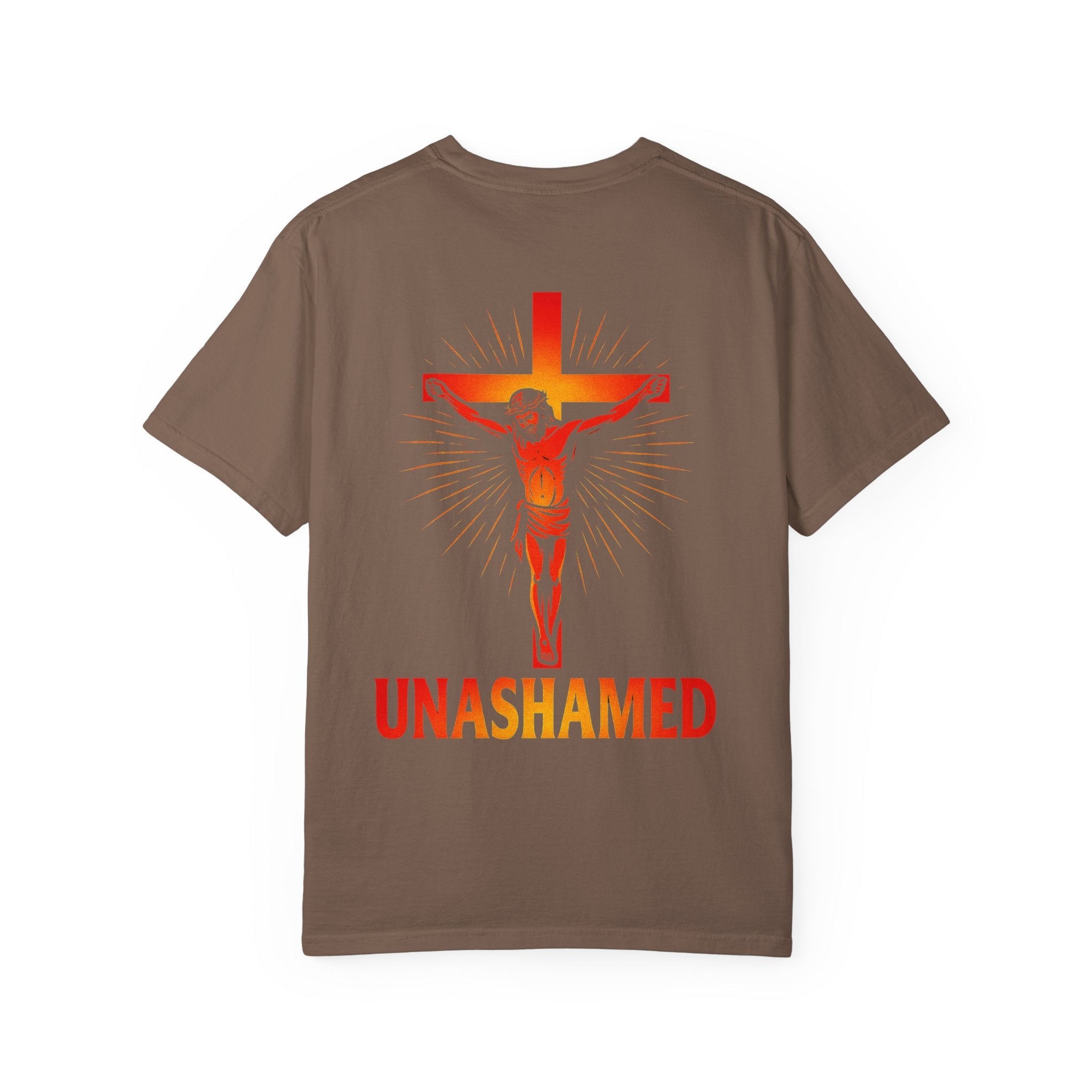 Unashamed T-shirt – Romans 1:16 Crucifixion Christian t-shirt for Bold Unwavering Faith Red Printify