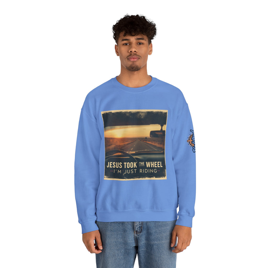 Jesus Took the Wheel I'm Just Riding Sweatshirt – Funny Christian Convertible Car Sweatshirt for Surrendered Faith & Humor
