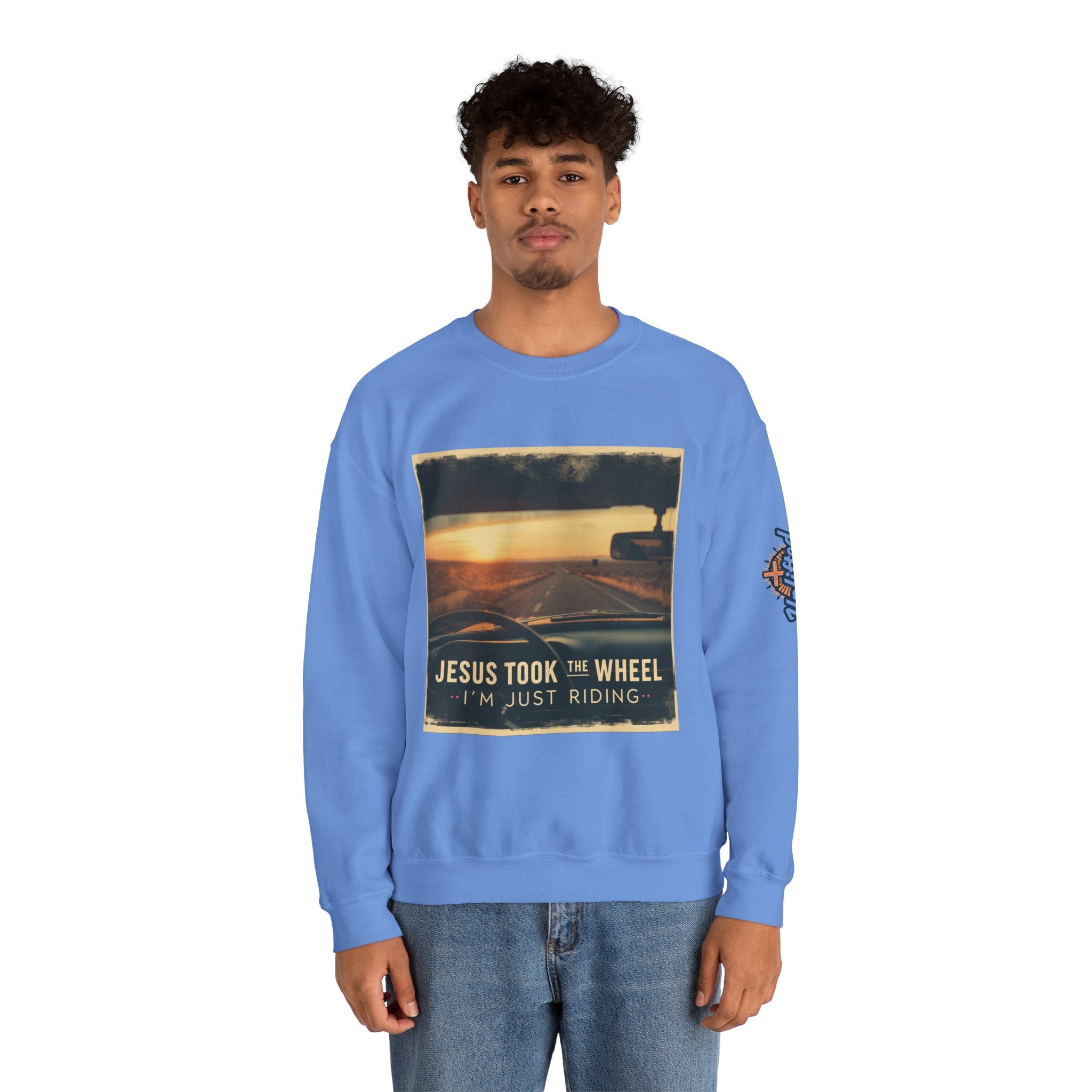 Jesus Took the Wheel I'm Just Riding Sweatshirt – Funny Christian Convertible Car Sweatshirt for Surrendered Faith & Humor