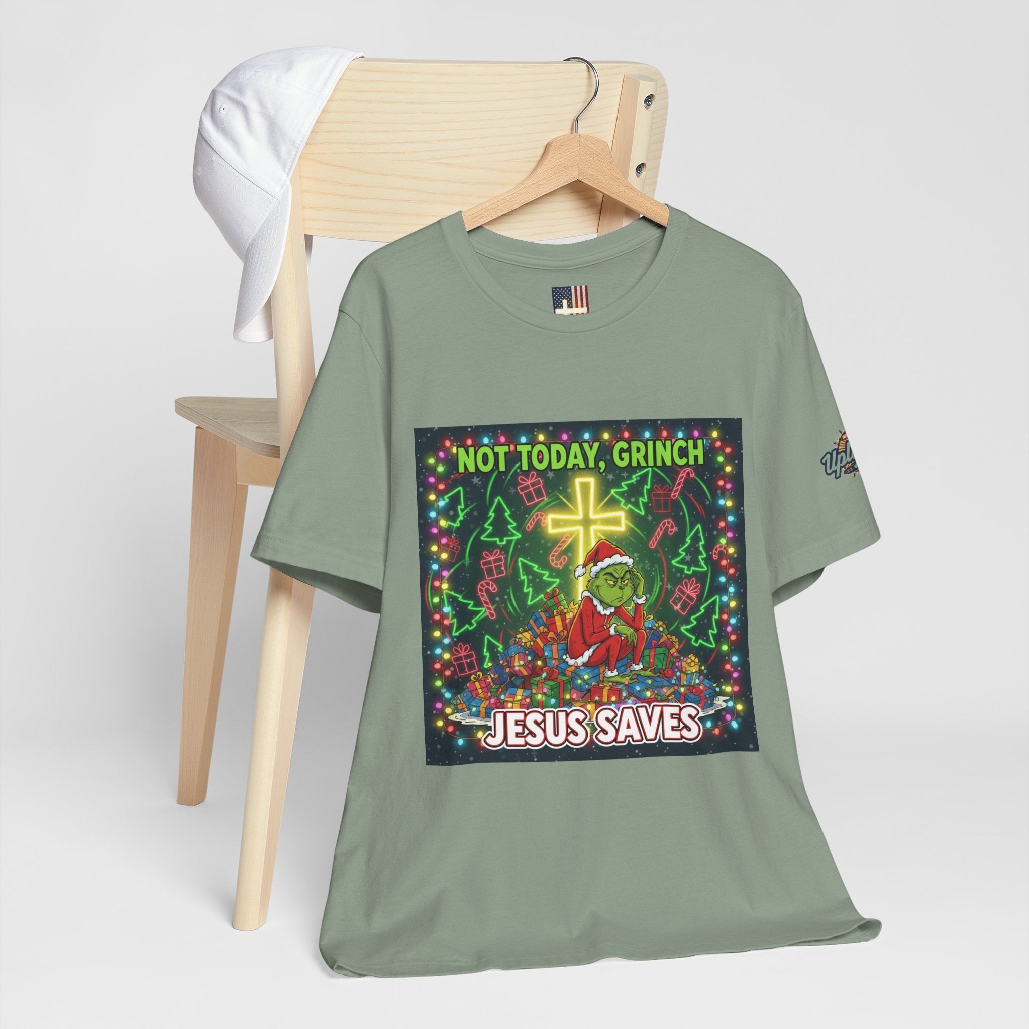 🎄 Not Today, Grinch – Jesus Saves | Funny Christian Christmas T-Shirt | Festive Green & Red Cartoon Style | Bold Faith Holiday Tee by Uplifted Gear Printify