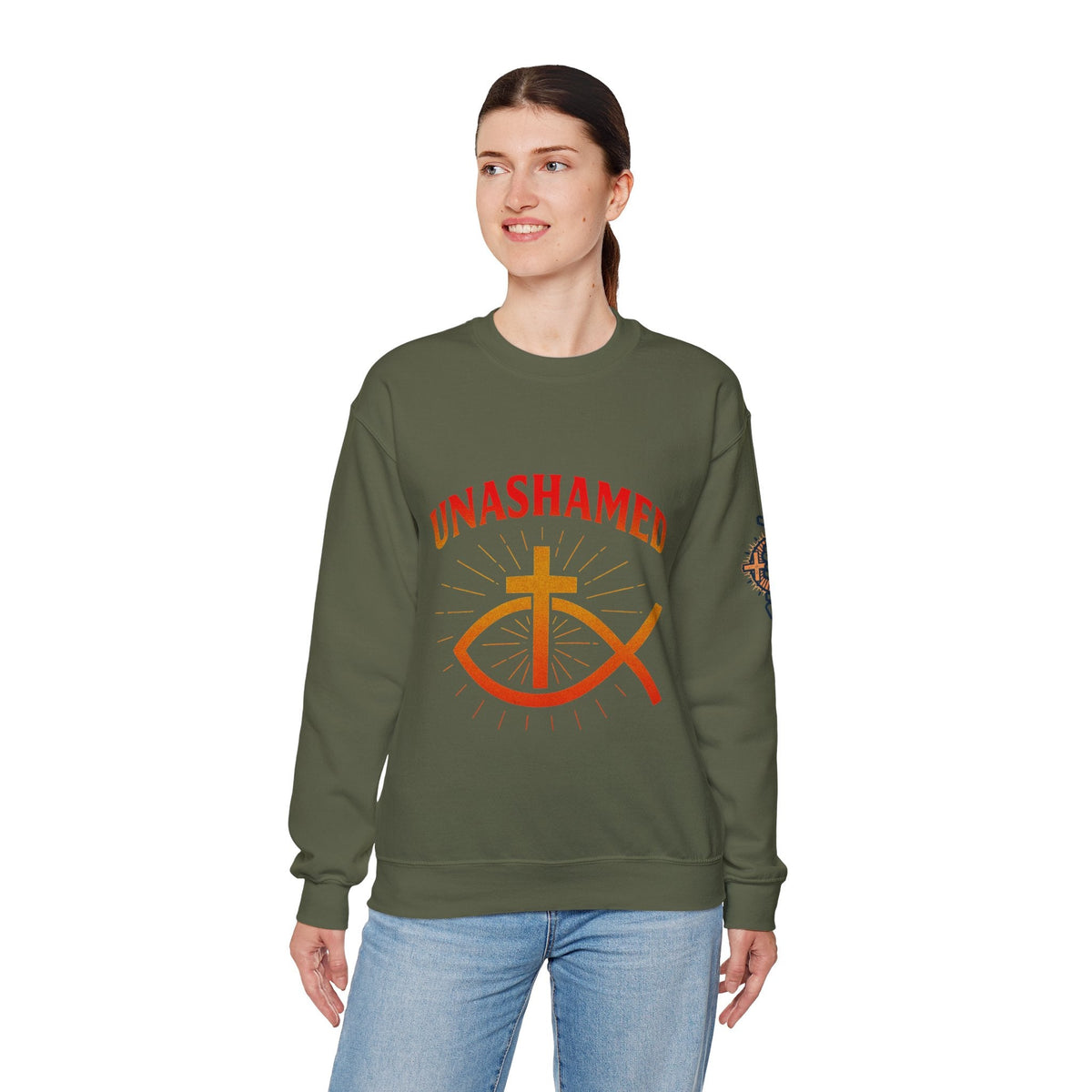 Unashamed Sweatshirt – Ichthys Jesus Fish & Cross Christian Sweatshirt for Romans 1:16 Bold Faith Printify